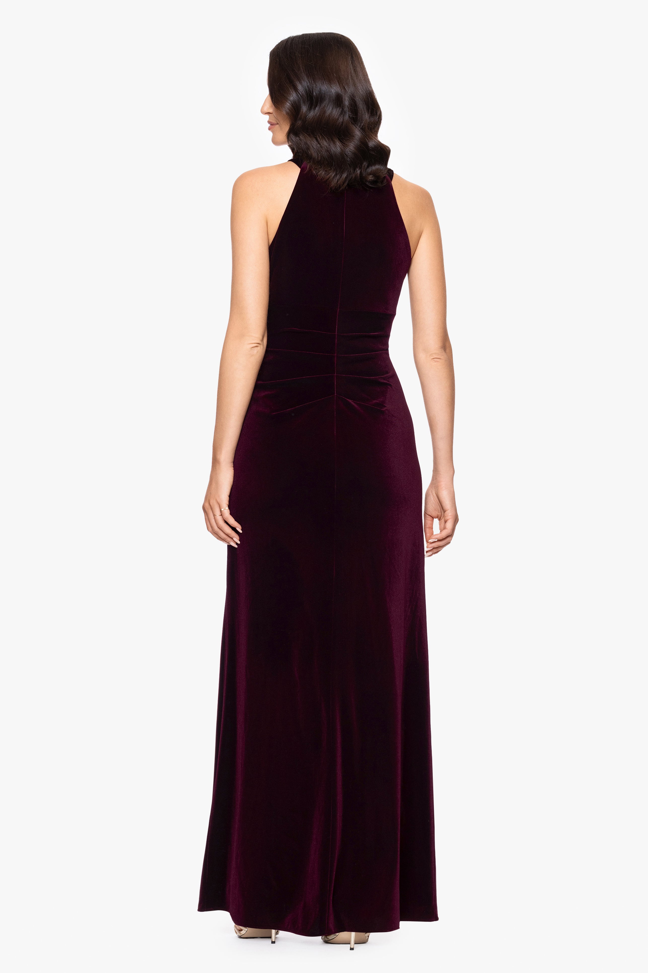 "Lucielle" Velvet Emellished Keyhole Neck Floor Length Dress