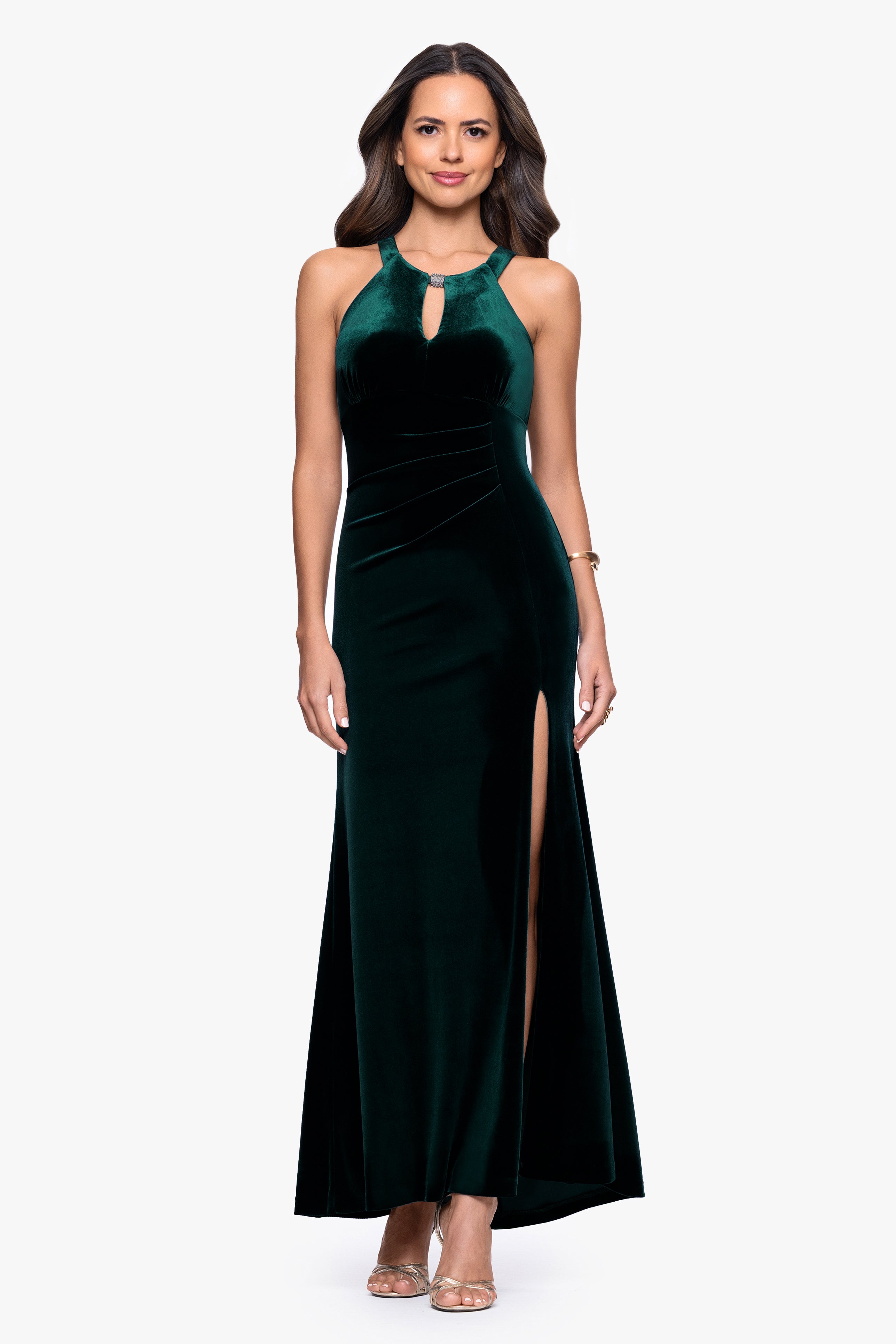 "Lucielle" Velvet Emellished Keyhole Neck Floor Length Dress