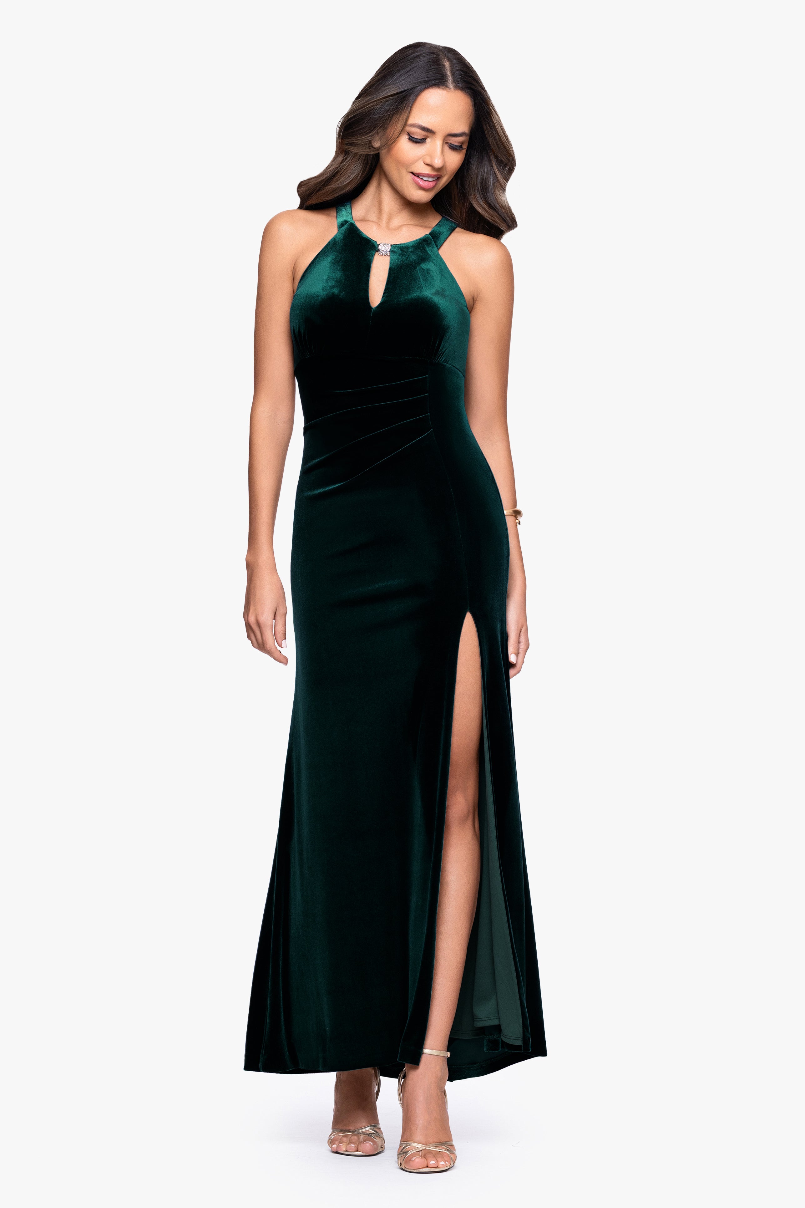 "Lucielle" Velvet Emellished Keyhole Neck Floor Length Dress