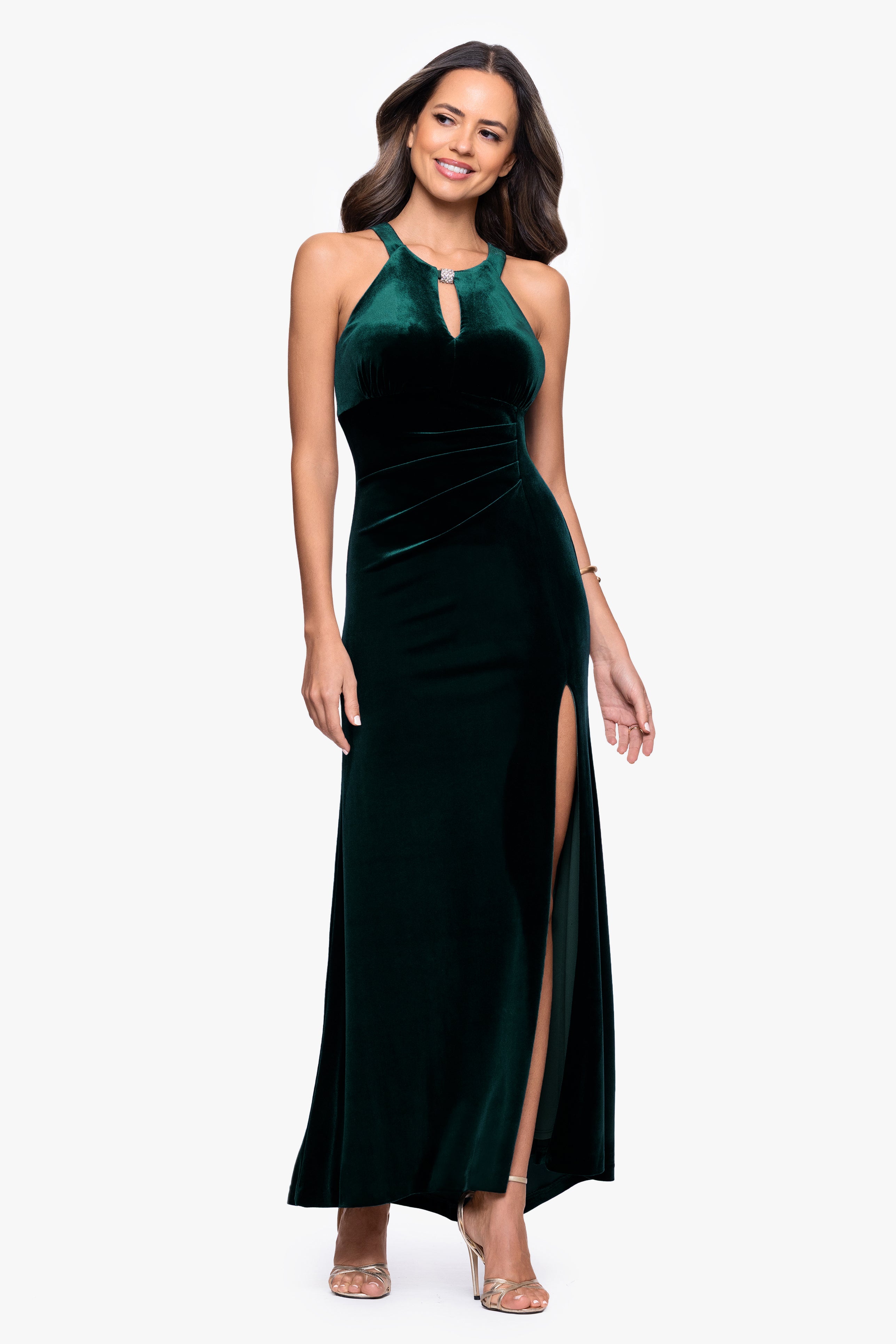 "Lucielle" Velvet Emellished Keyhole Neck Floor Length Dress