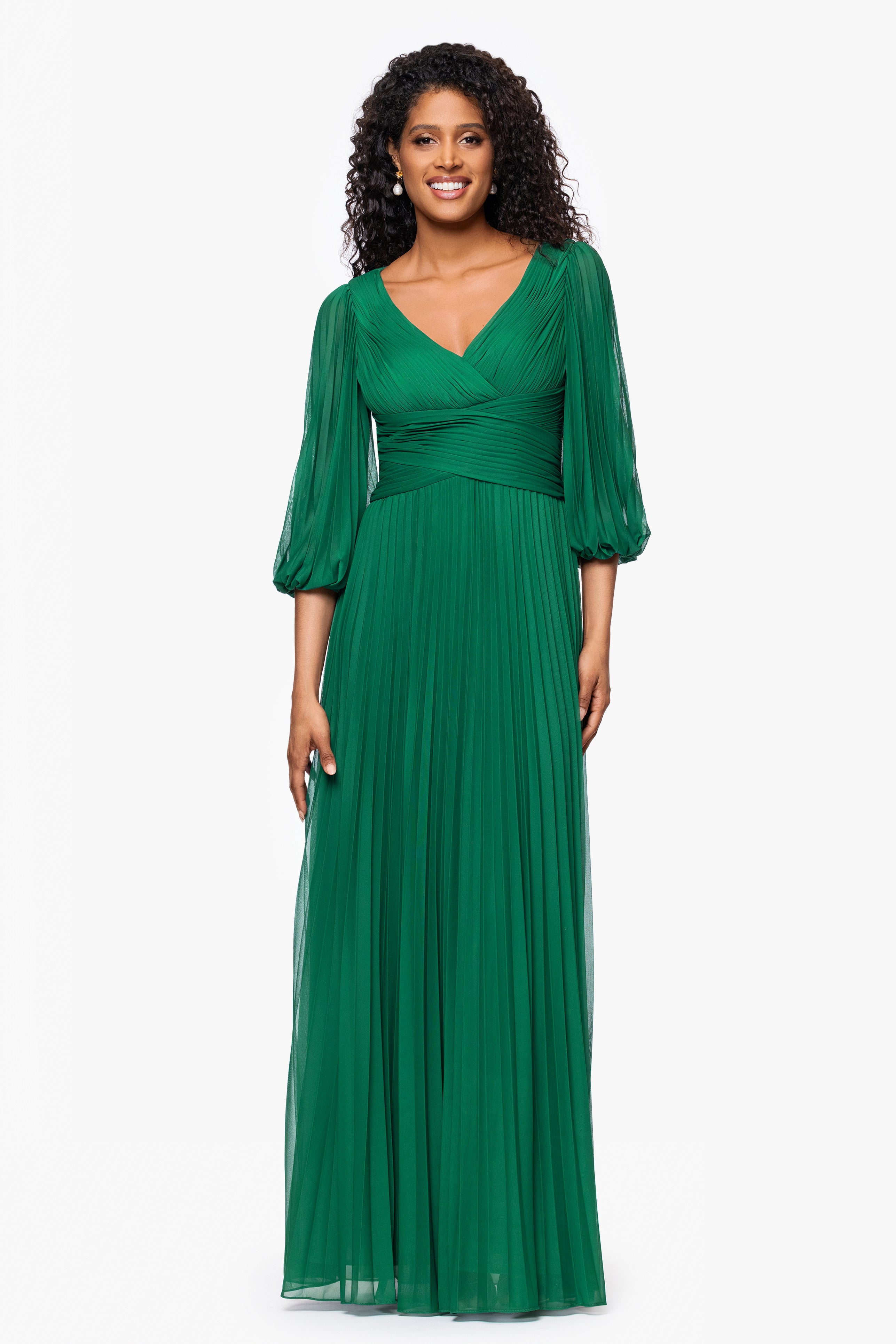 "Saraya" Sheer Matte Jersey 3/4 Sleeve V-Neck Floor Length Dress