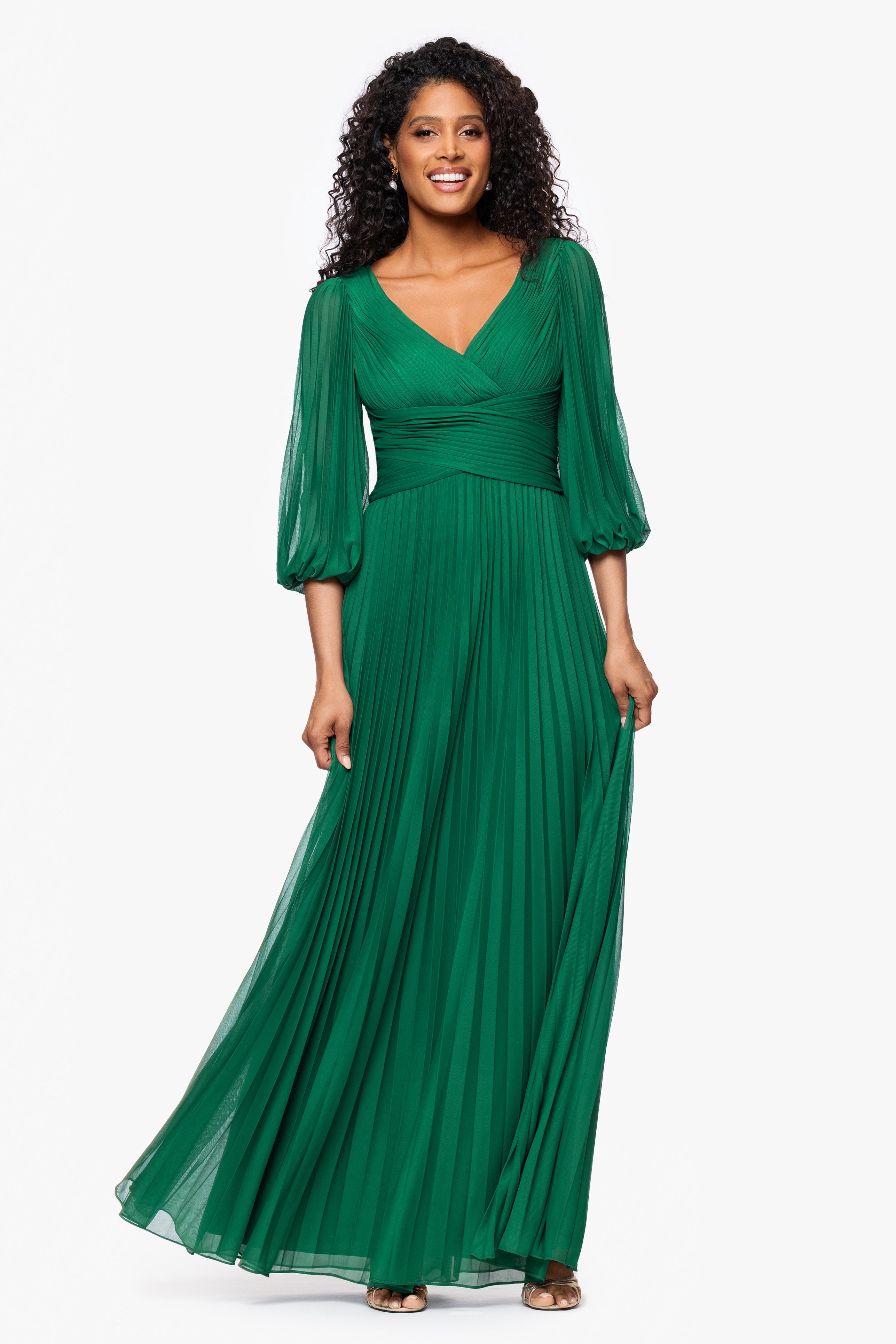 "Saraya" Sheer Matte Jersey 3/4 Sleeve V-Neck Floor Length Dress