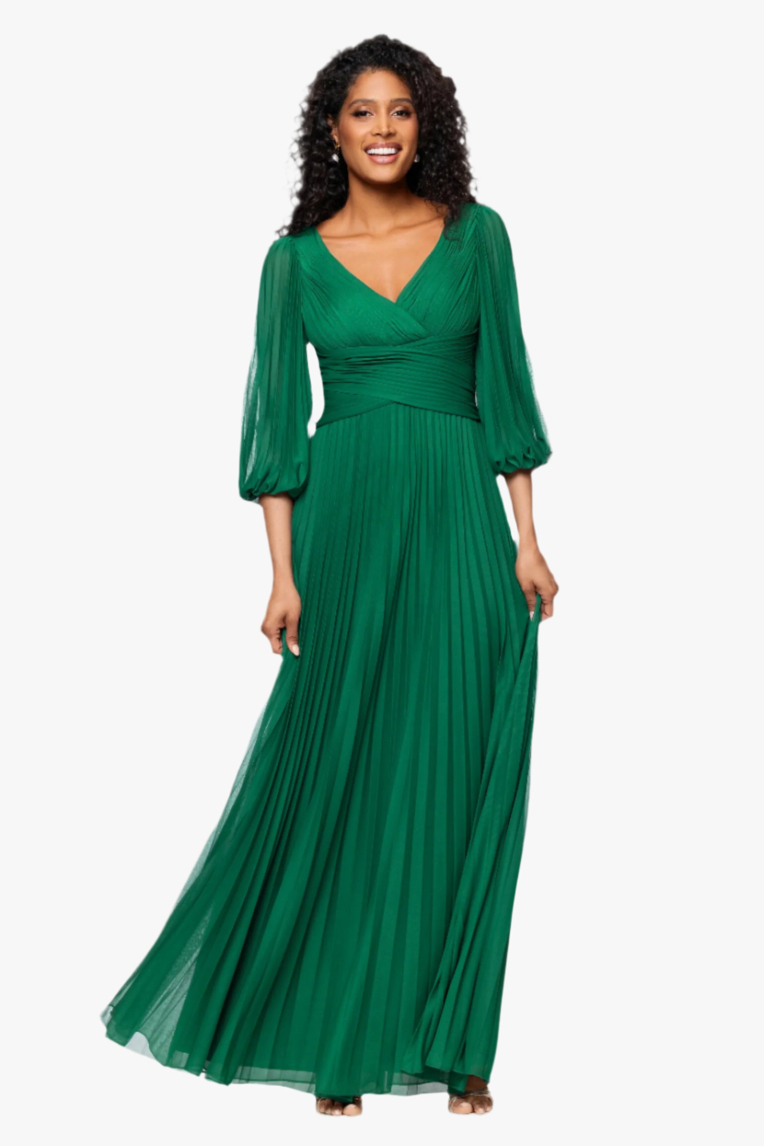 Petite "Saraya" Sheer Matte Jersey 3/4 Sleeve V-Neck Floor Length Dress