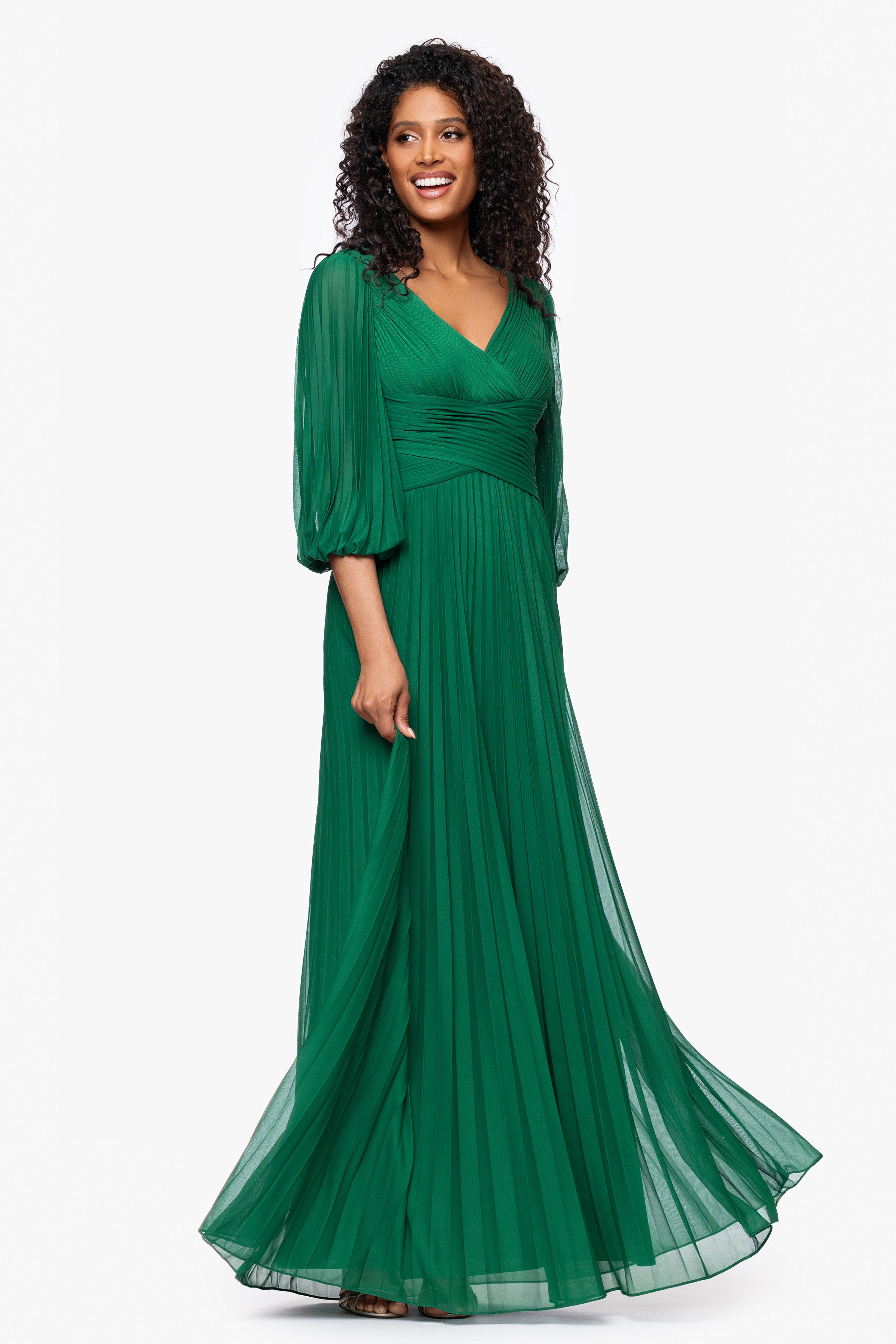 "Saraya" Sheer Matte Jersey 3/4 Sleeve V-Neck Floor Length Dress