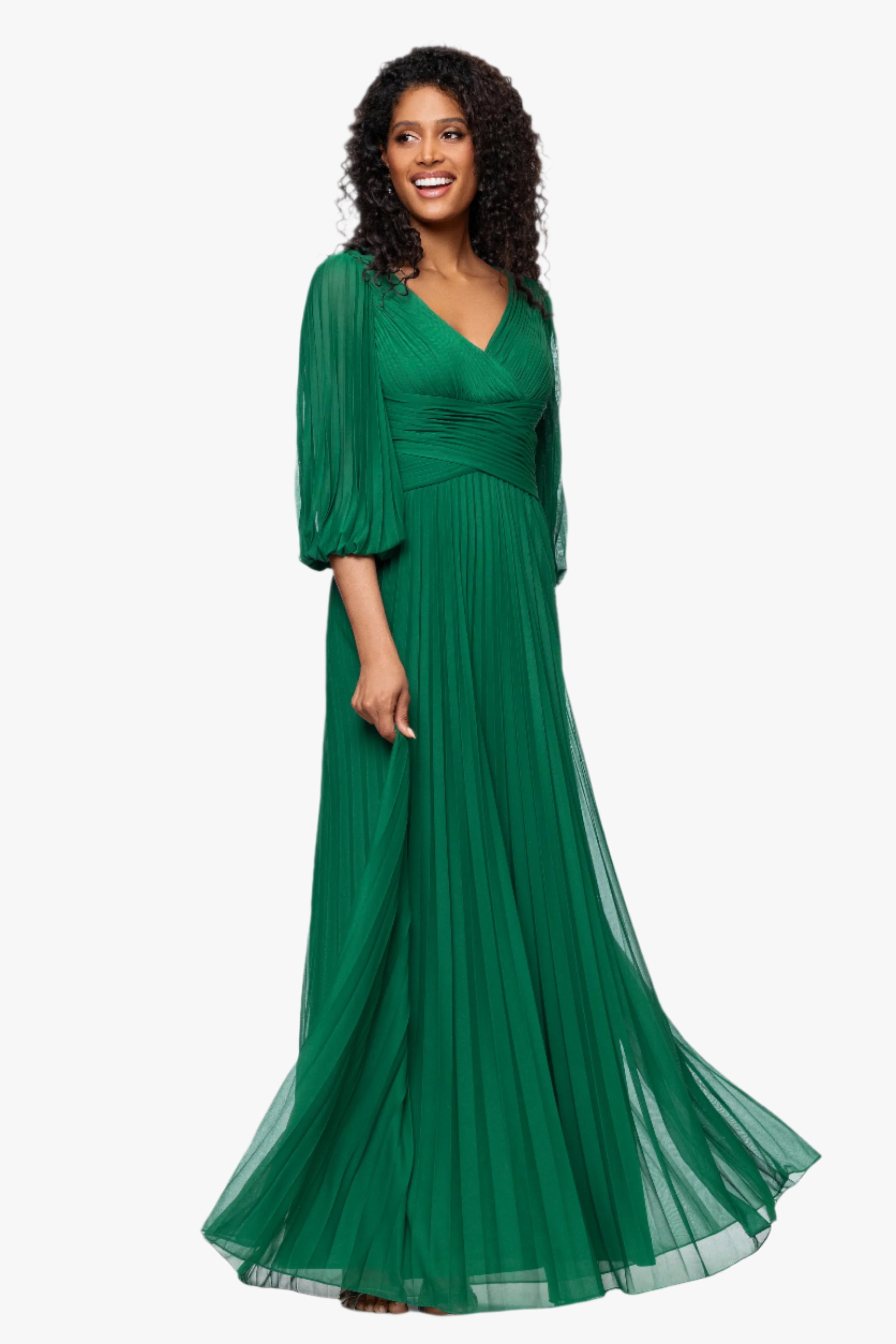 Petite "Saraya" Sheer Matte Jersey 3/4 Sleeve V-Neck Floor Length Dress