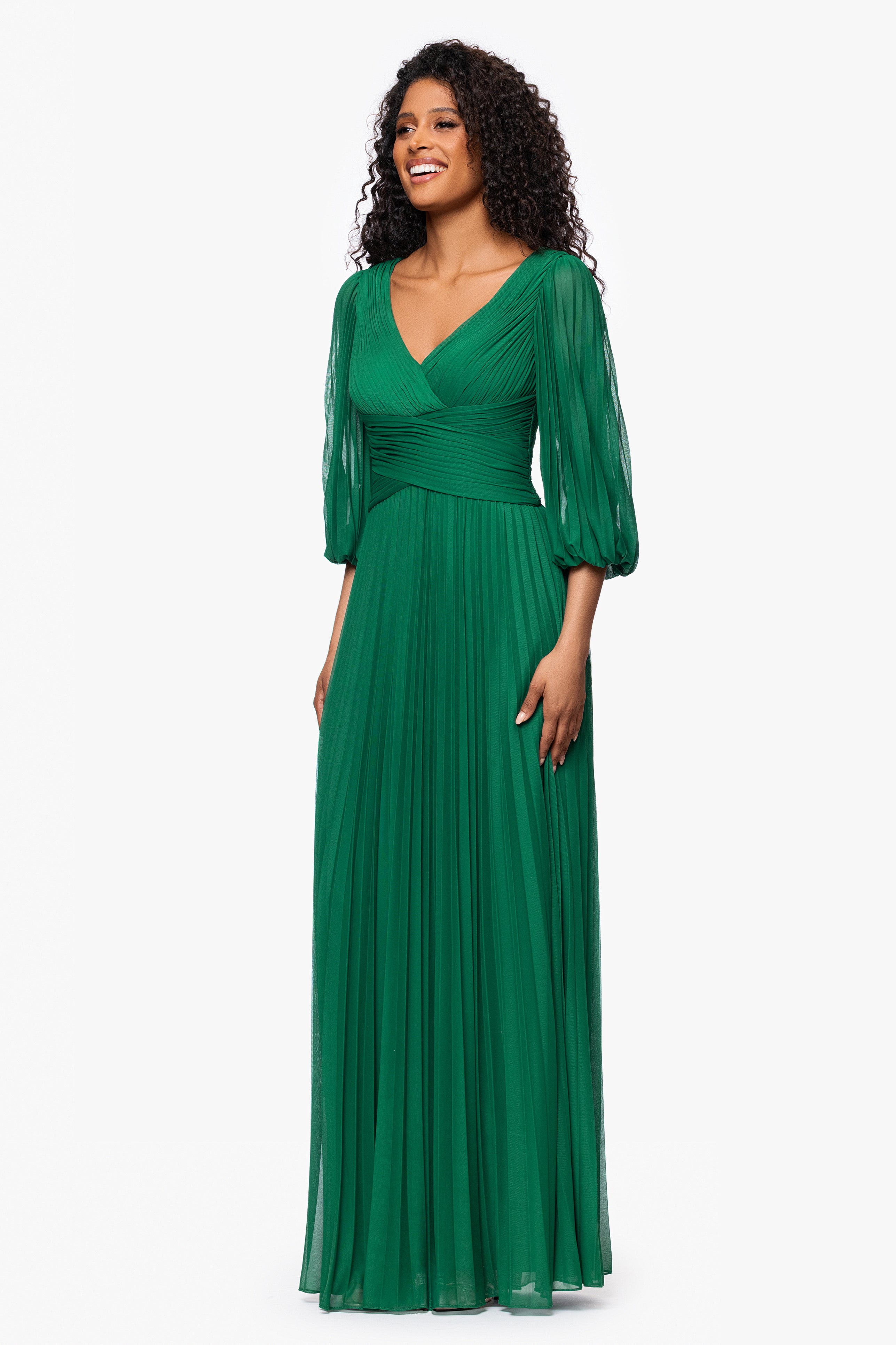 "Saraya" Sheer Matte Jersey 3/4 Sleeve V-Neck Floor Length Dress