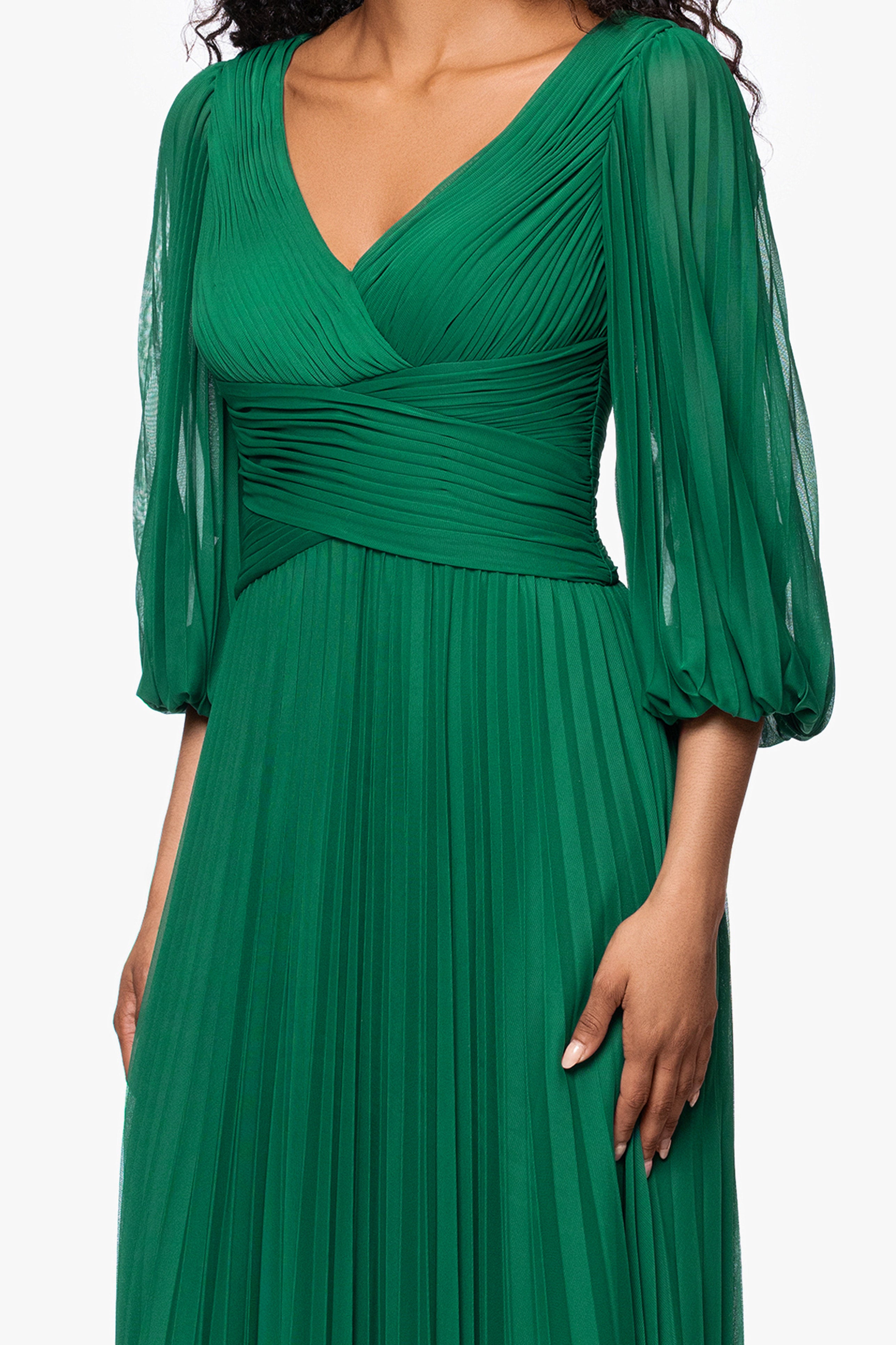 "Saraya" Sheer Matte Jersey 3/4 Sleeve V-Neck Floor Length Dress