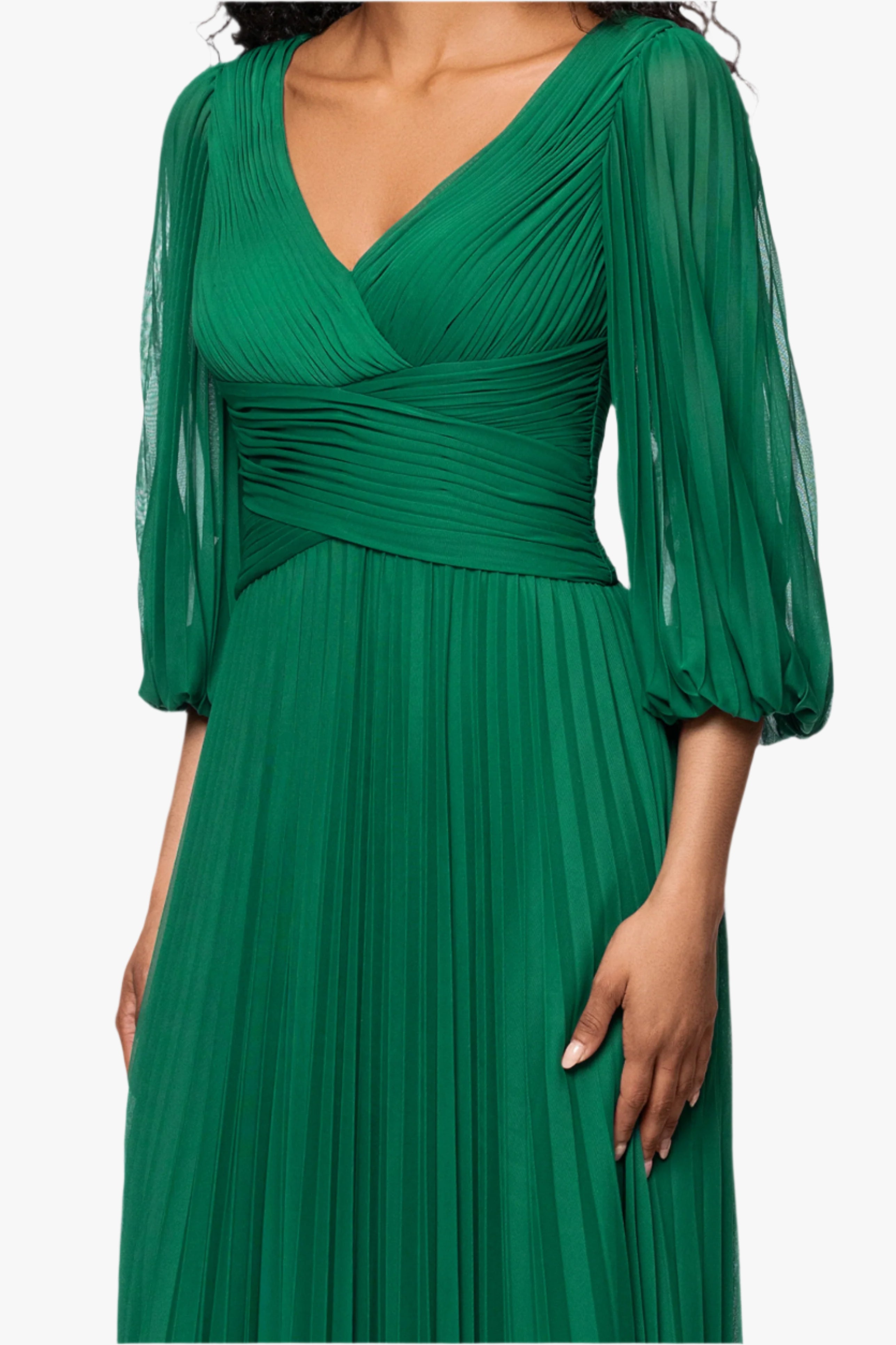 Petite "Saraya" Sheer Matte Jersey 3/4 Sleeve V-Neck Floor Length Dress