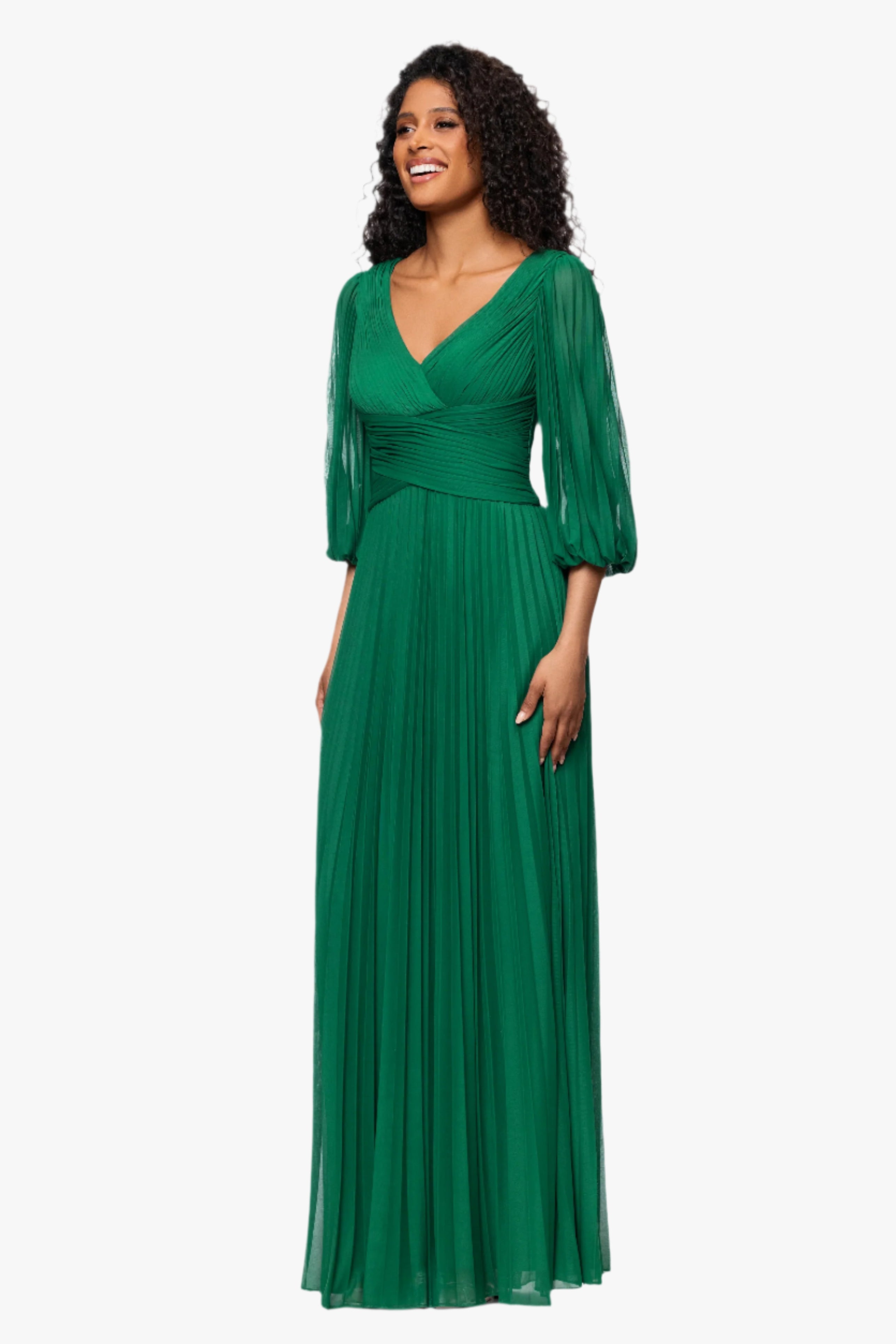 Petite "Saraya" Sheer Matte Jersey 3/4 Sleeve V-Neck Floor Length Dress