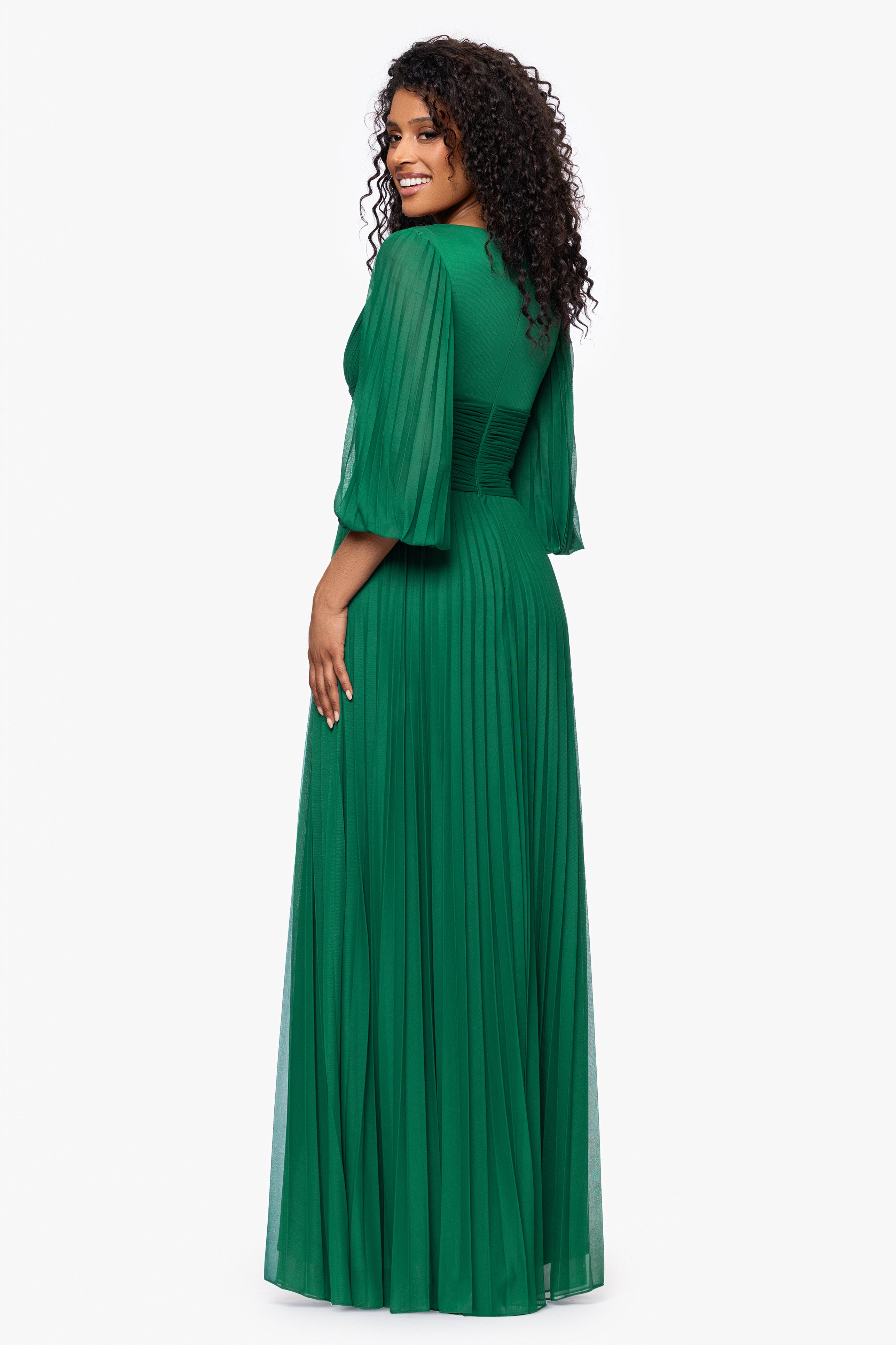 "Saraya" Sheer Matte Jersey 3/4 Sleeve V-Neck Floor Length Dress
