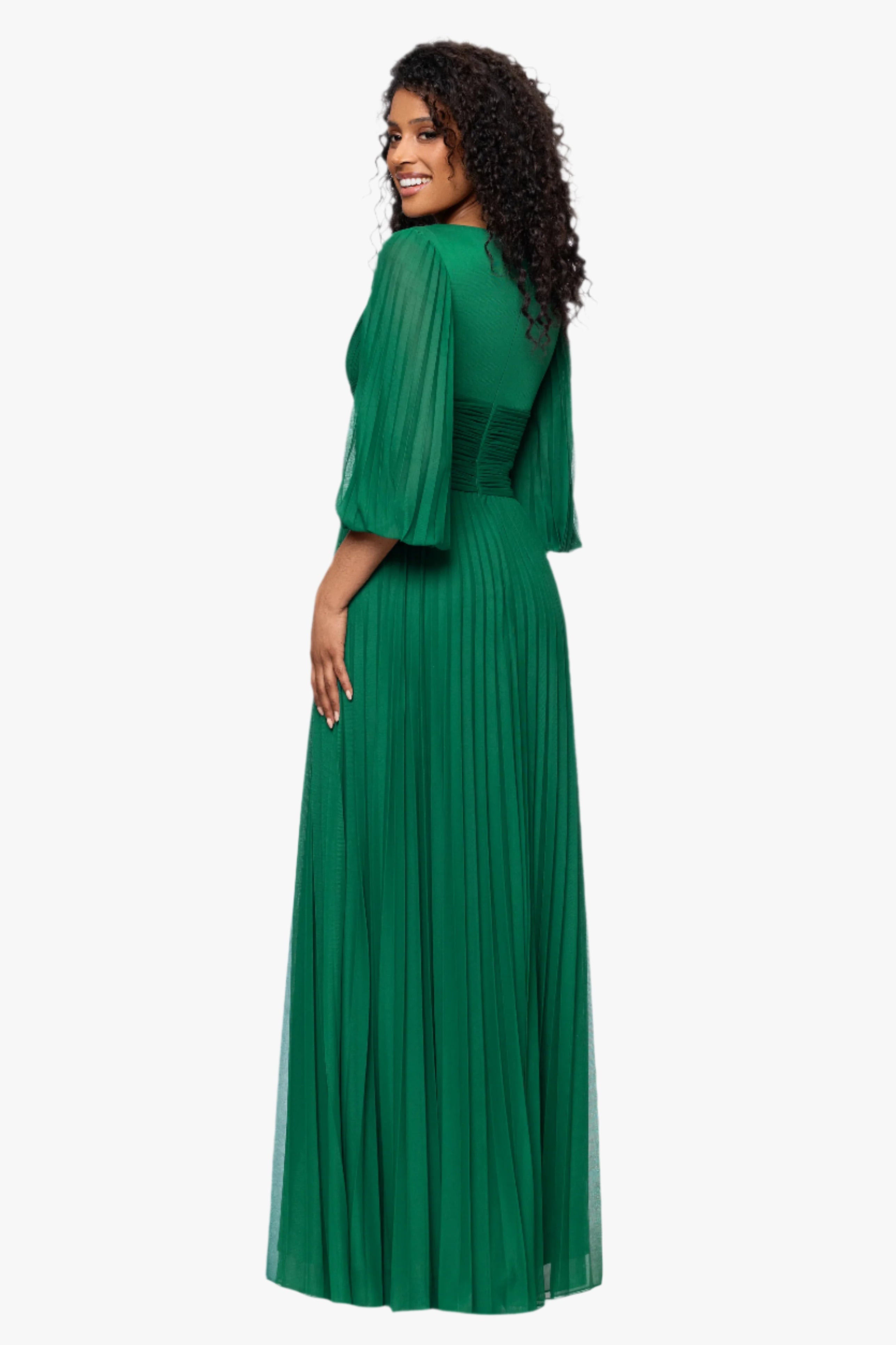 Petite "Saraya" Sheer Matte Jersey 3/4 Sleeve V-Neck Floor Length Dress