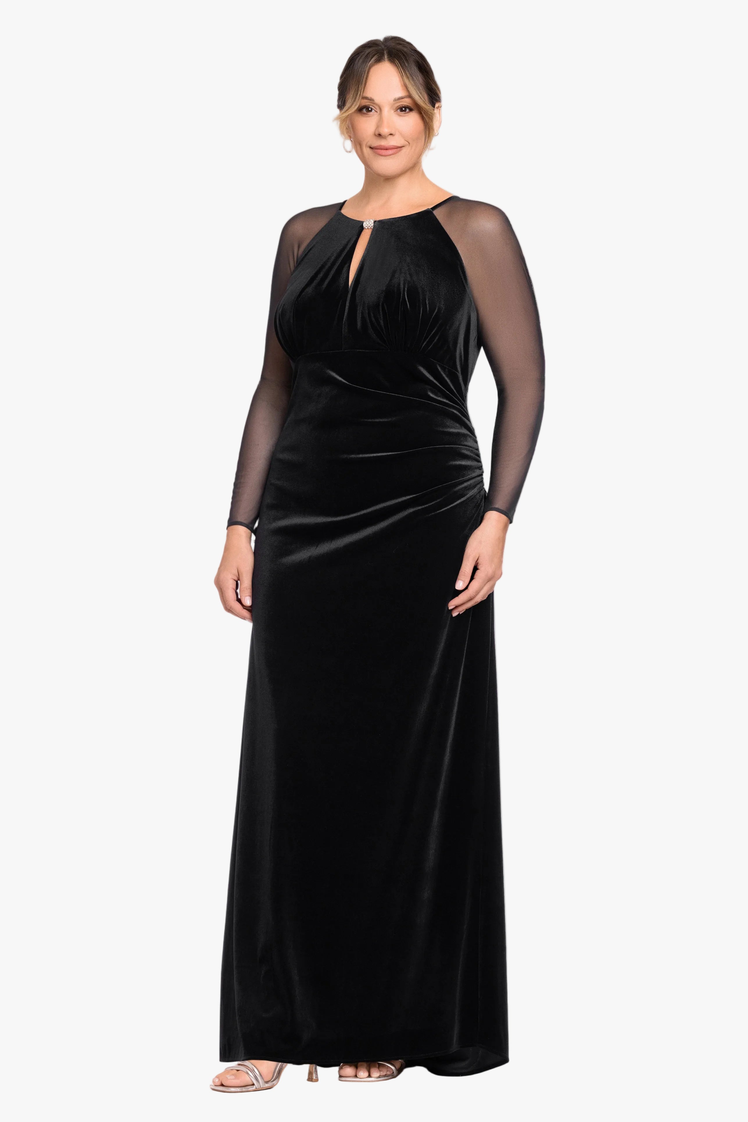 Plus "Paris" Velvet & Mesh Long Sleeve Dress