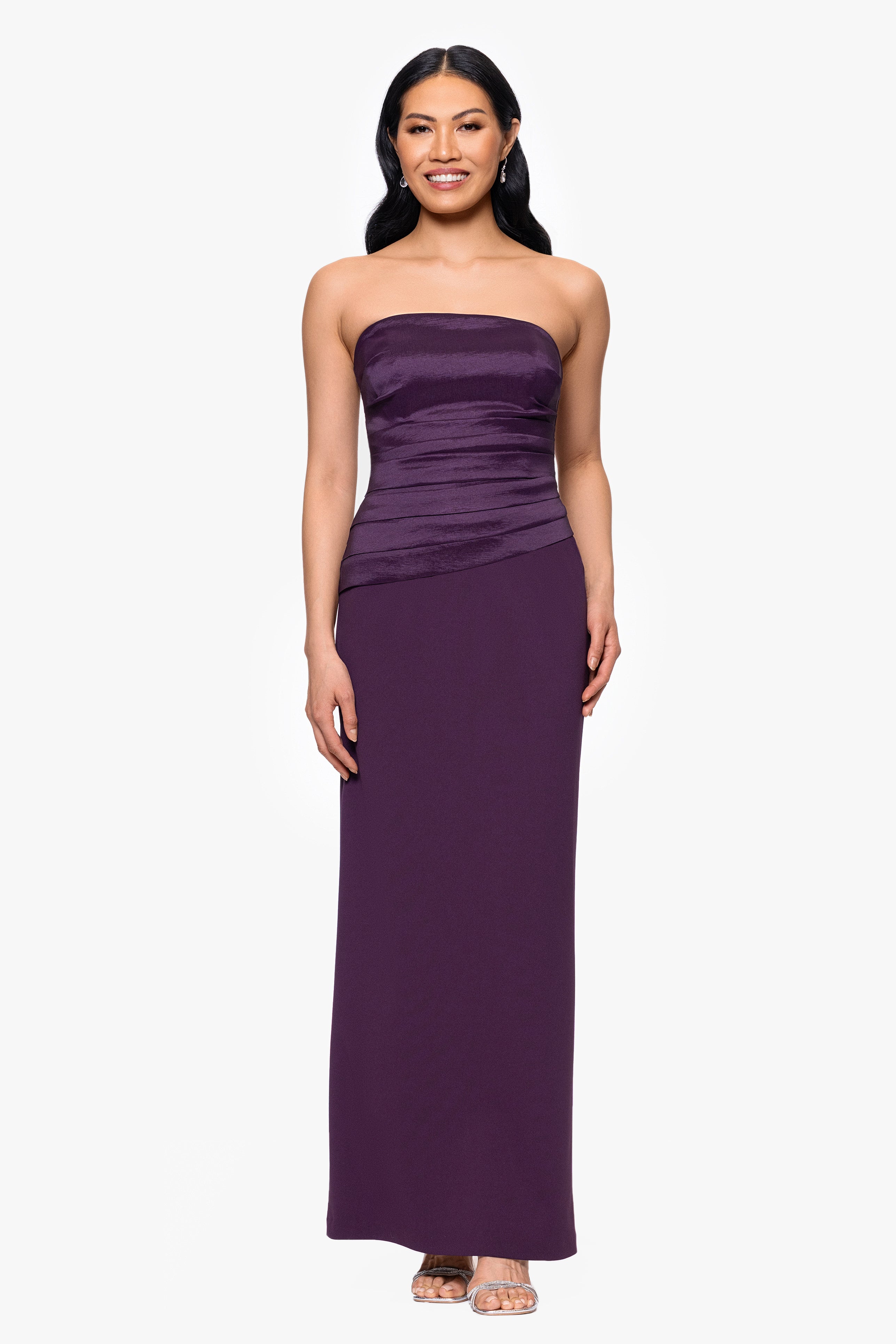 "Amaya" Scuba Crepe and Taffeta Bodice Strapless Floor Length Dress