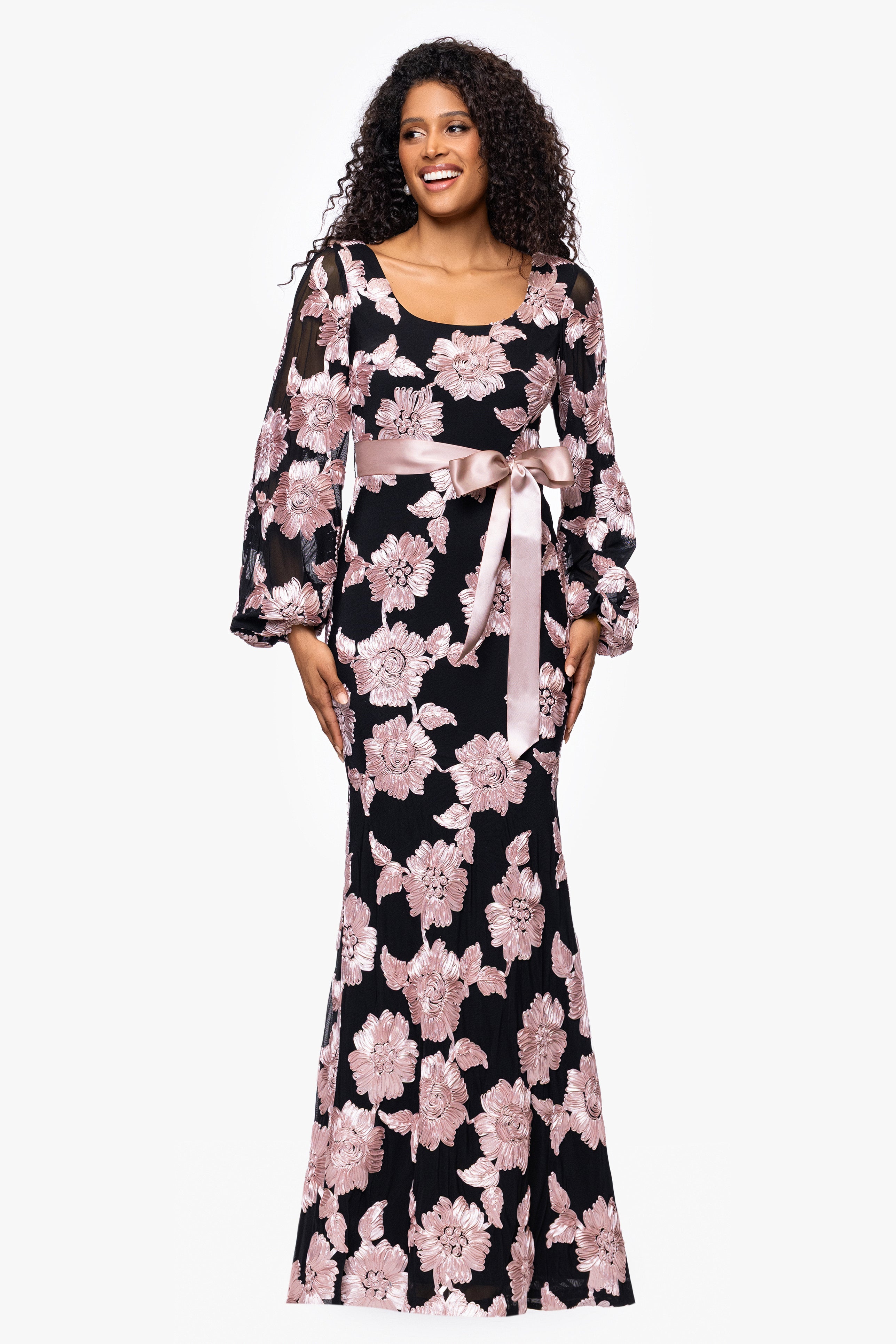 "Luciana" Soutache Mesh Waist Tie Long Sleeve Floor Length Dress