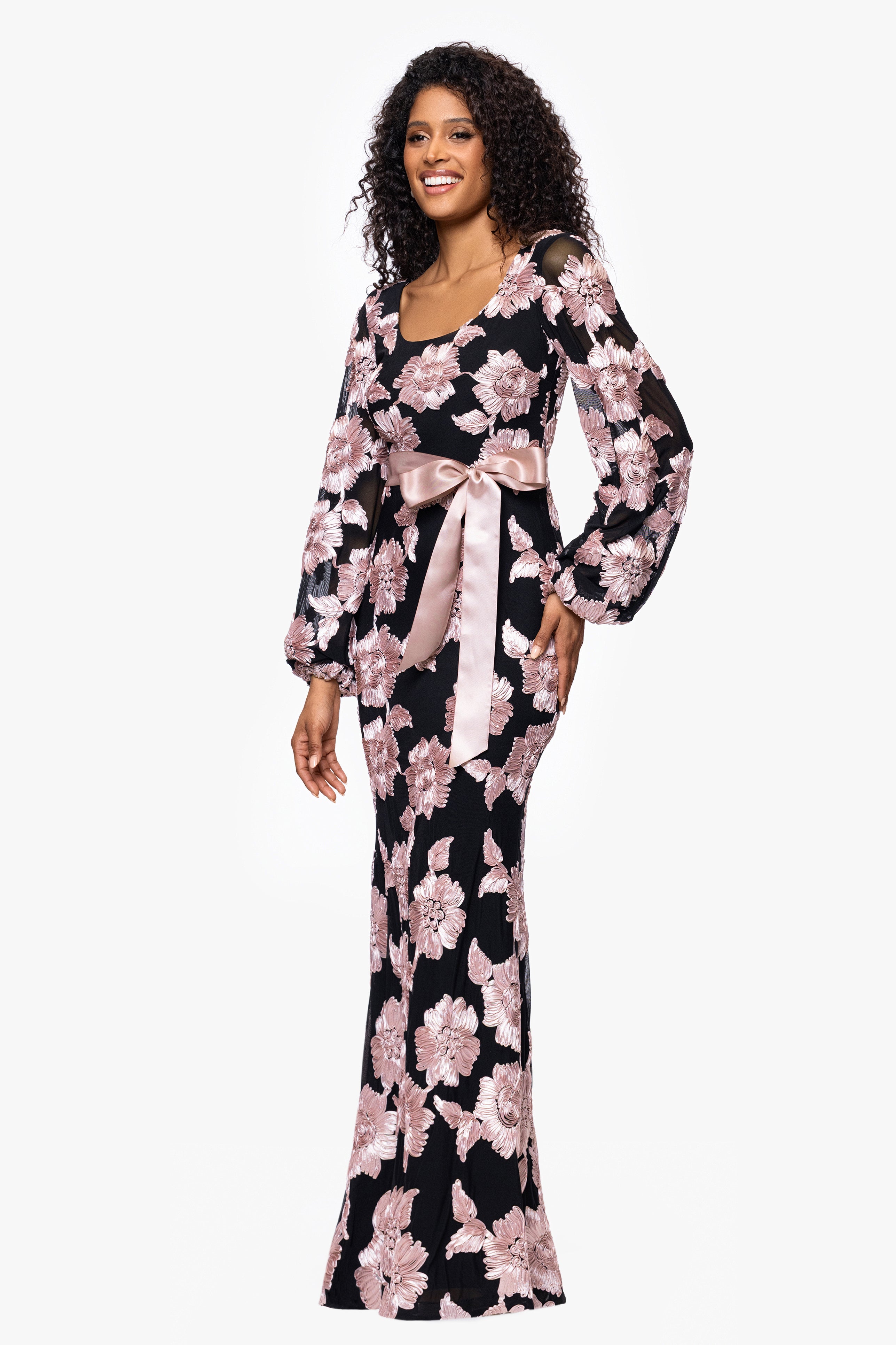 "Luciana" Soutache Mesh Waist Tie Long Sleeve Floor Length Dress