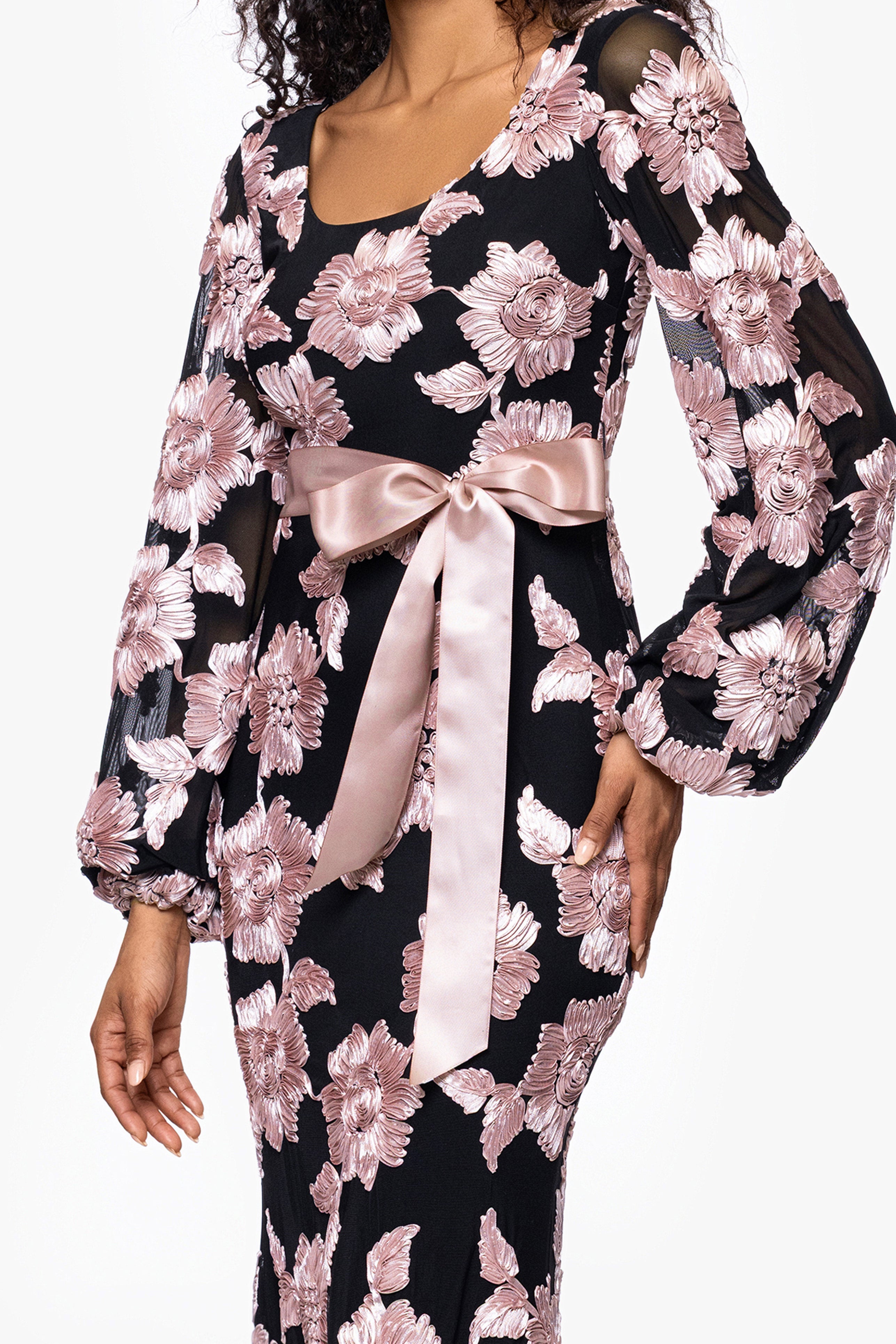 "Luciana" Soutache Mesh Waist Tie Long Sleeve Floor Length Dress