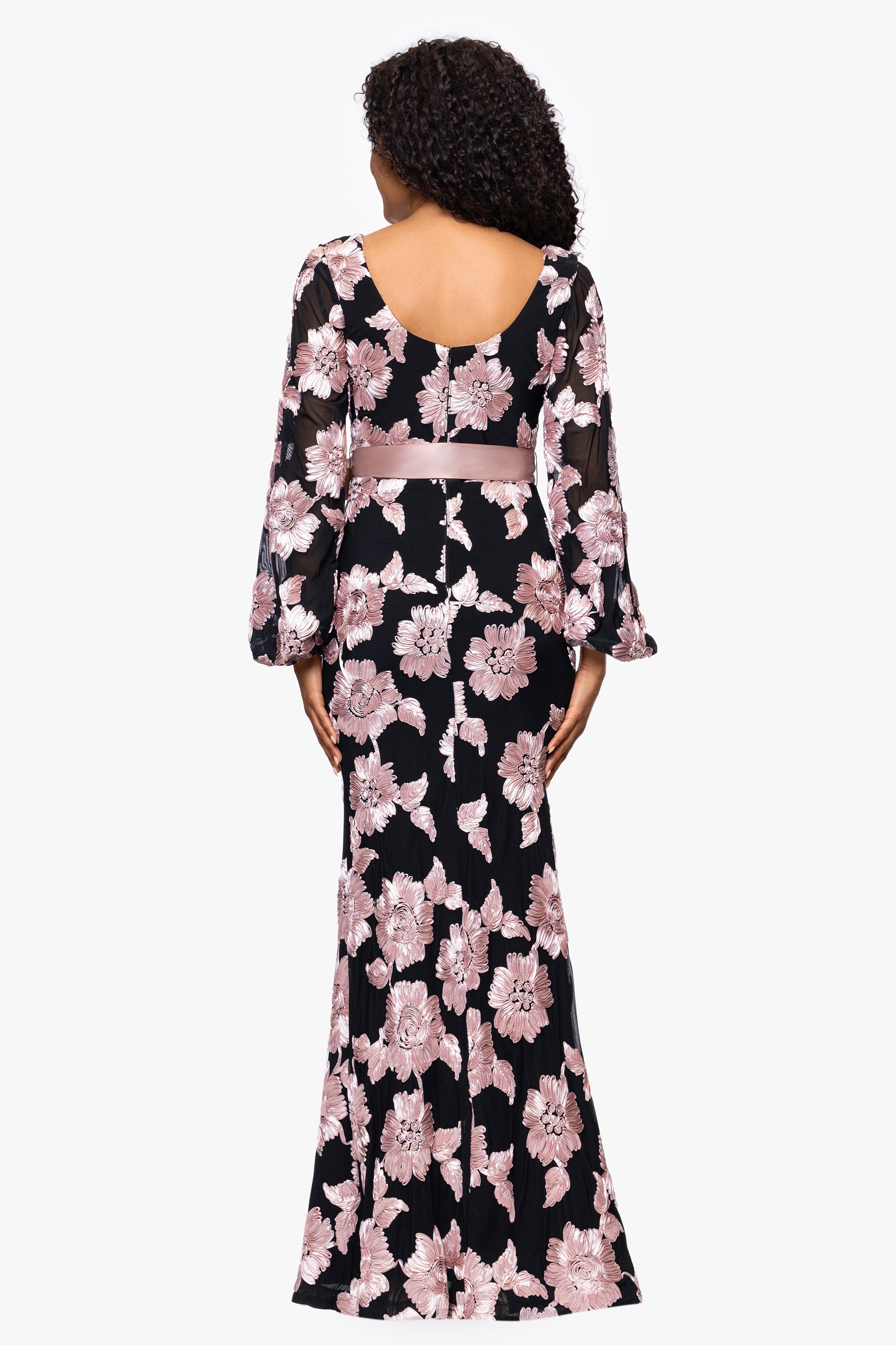 "Luciana" Soutache Mesh Waist Tie Long Sleeve Floor Length Dress