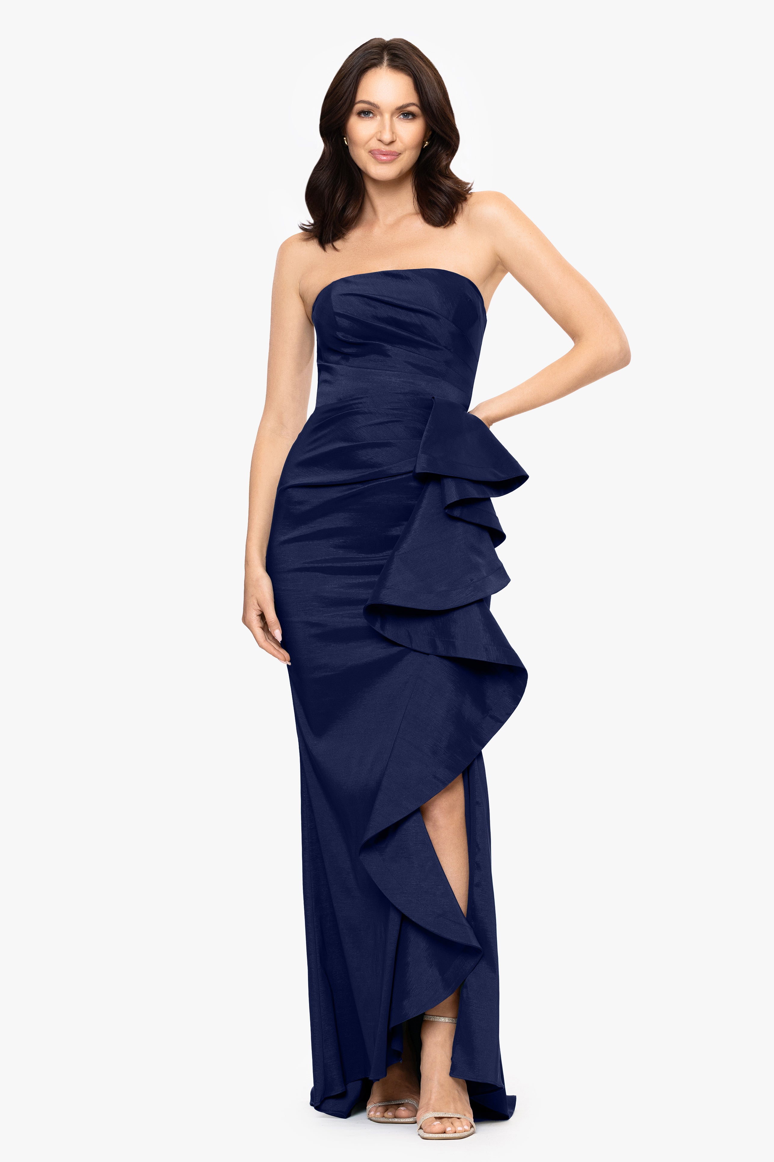"Rowan" Taffeta Strapless Ruffle Floor Length Dress