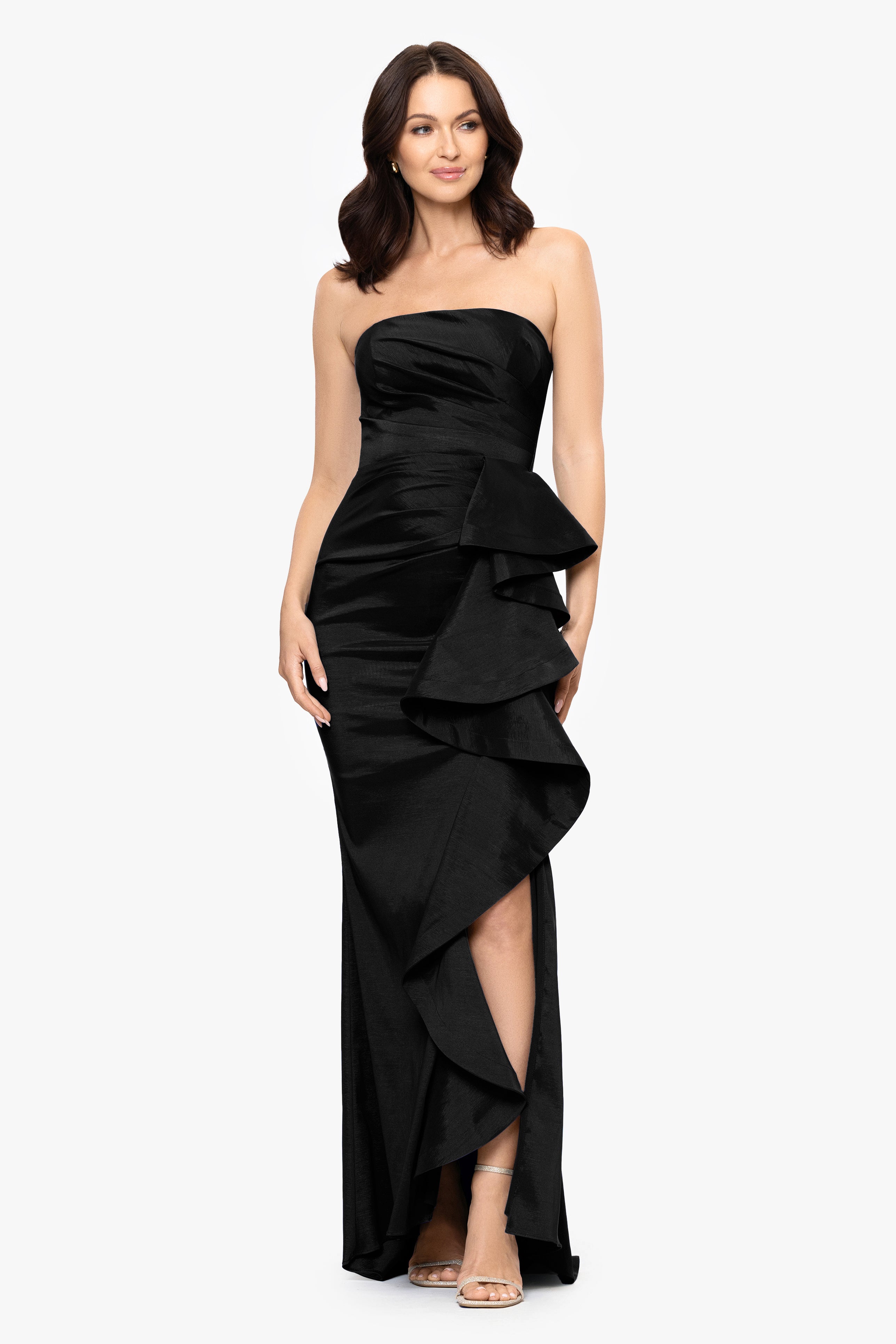 "Rowan" Taffeta Strapless Ruffle Floor Length Dress