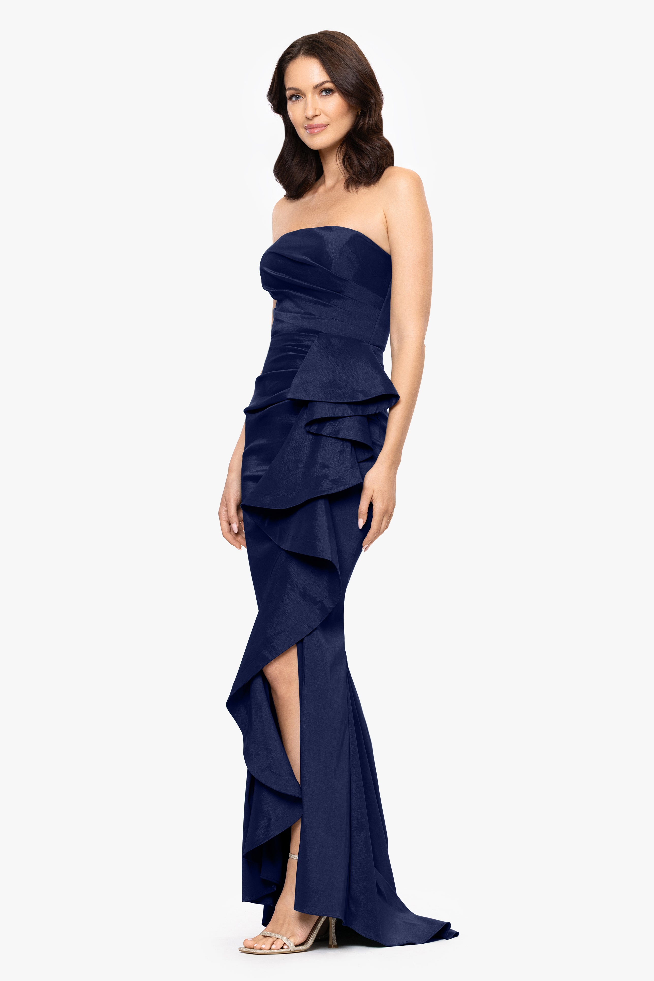 "Rowan" Taffeta Strapless Ruffle Floor Length Dress