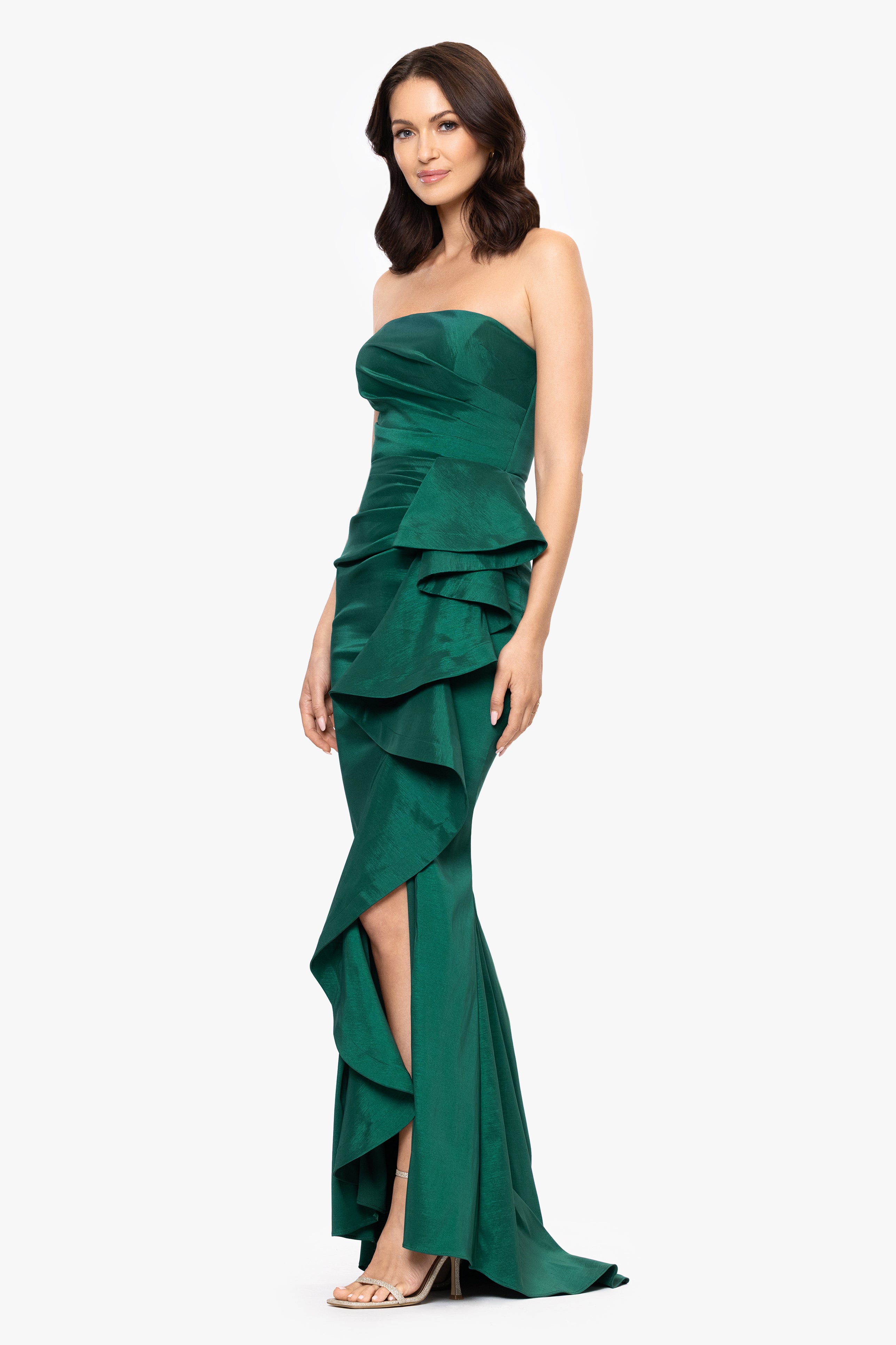 "Rowan" Taffeta Strapless Ruffle Floor Length Dress