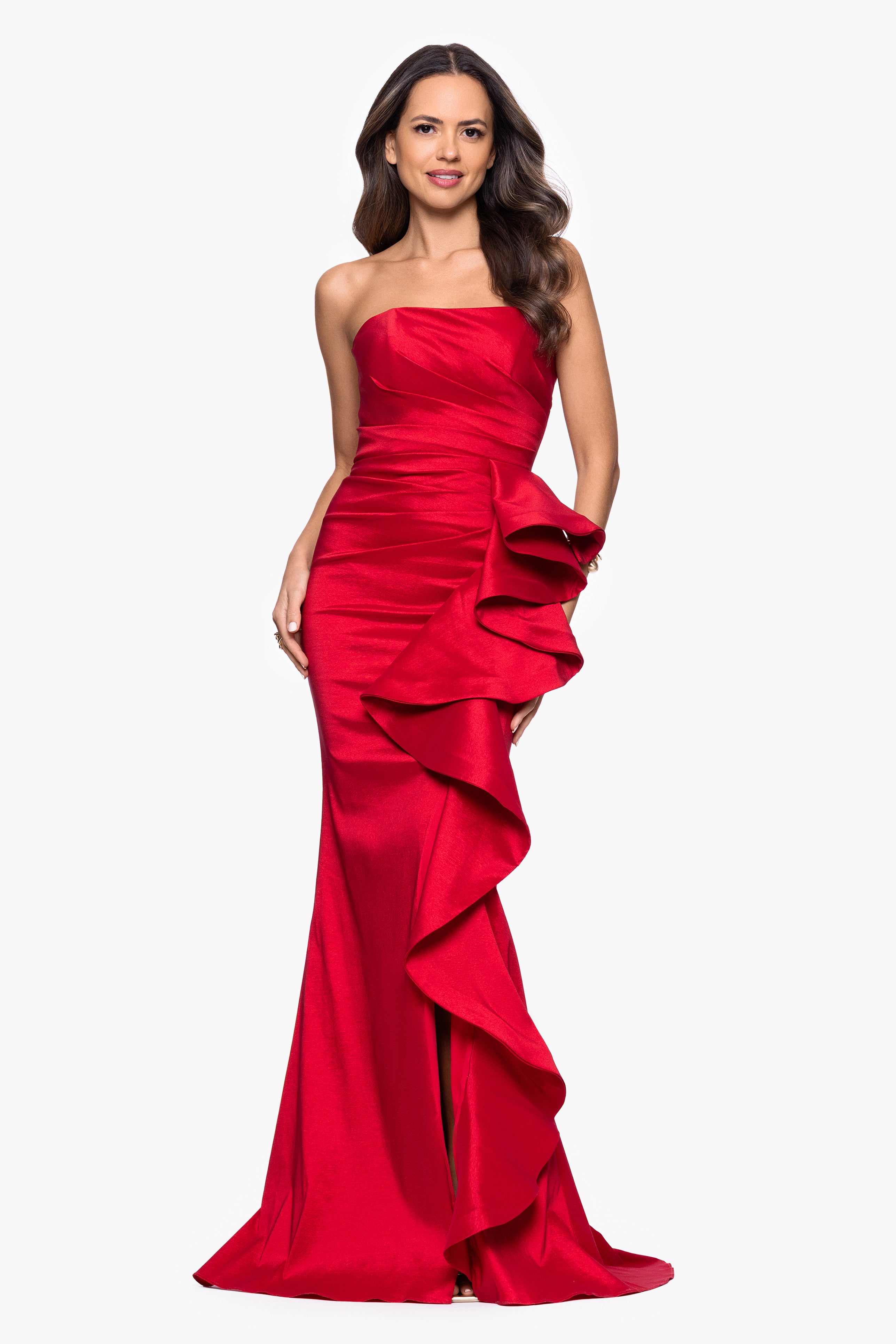 "Rowan" Taffeta Strapless Ruffle Floor Length Dress