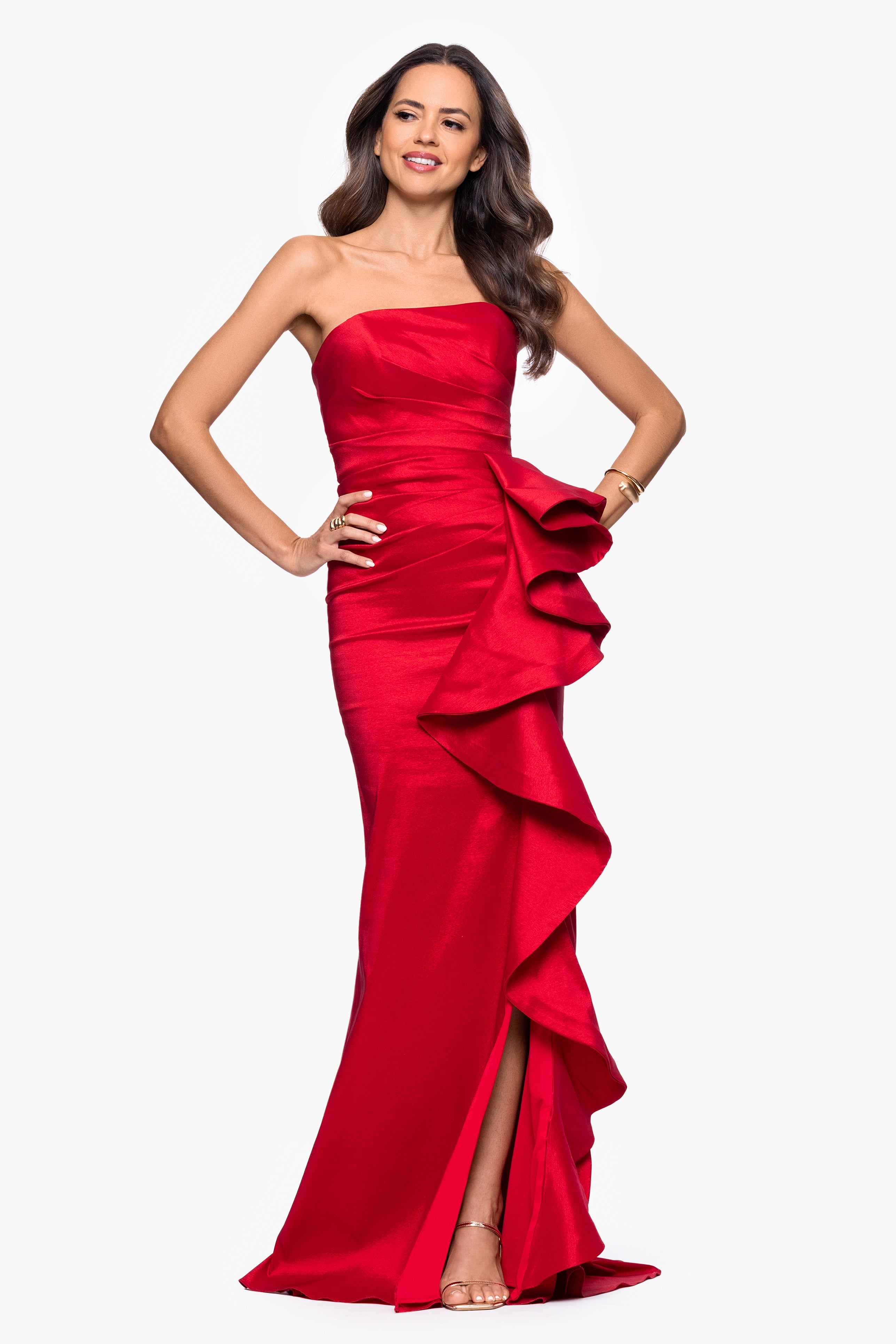 "Rowan" Taffeta Strapless Ruffle Floor Length Dress