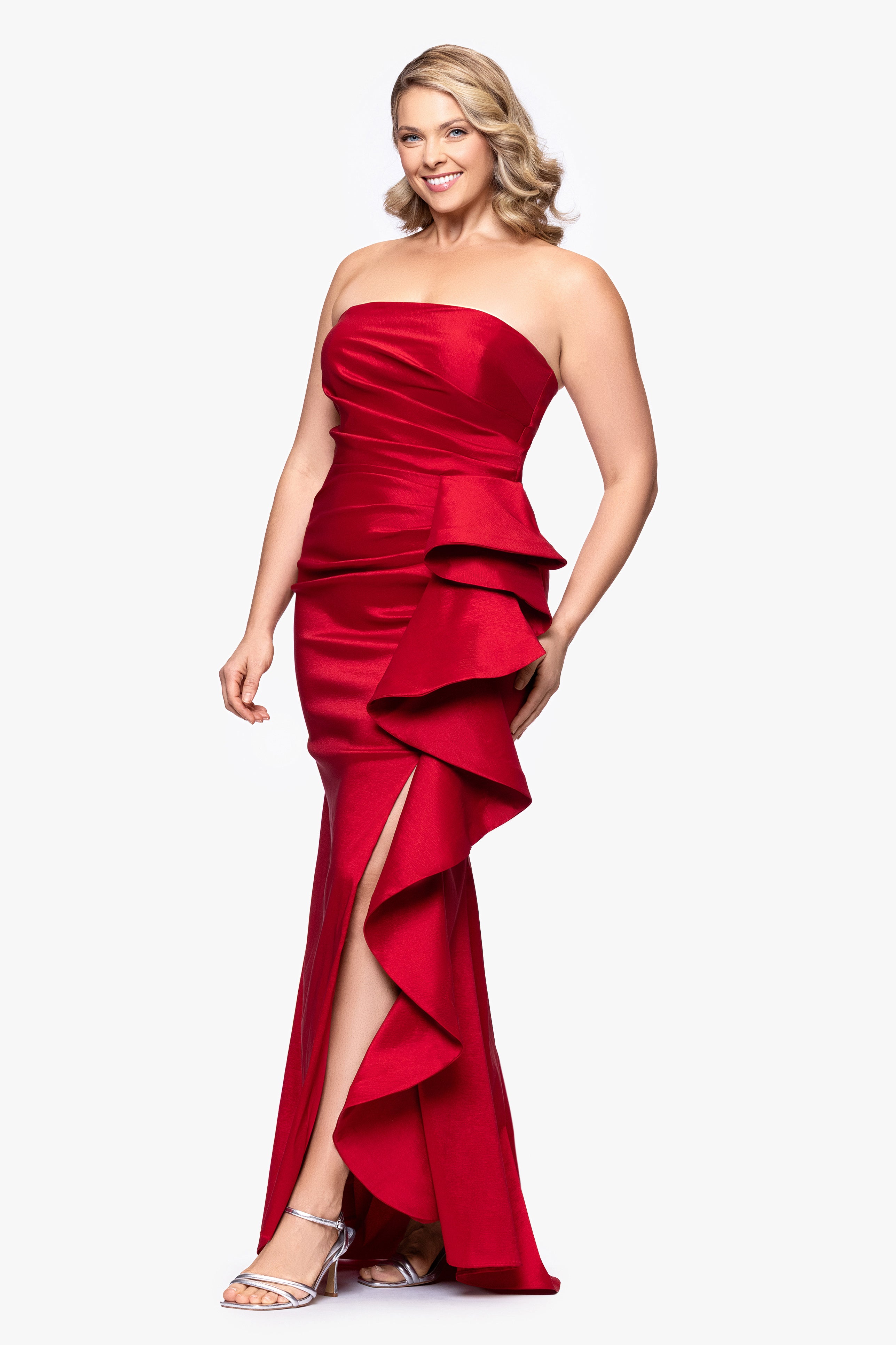 "Rowan" Taffeta Strapless Ruffle Floor Length Dress