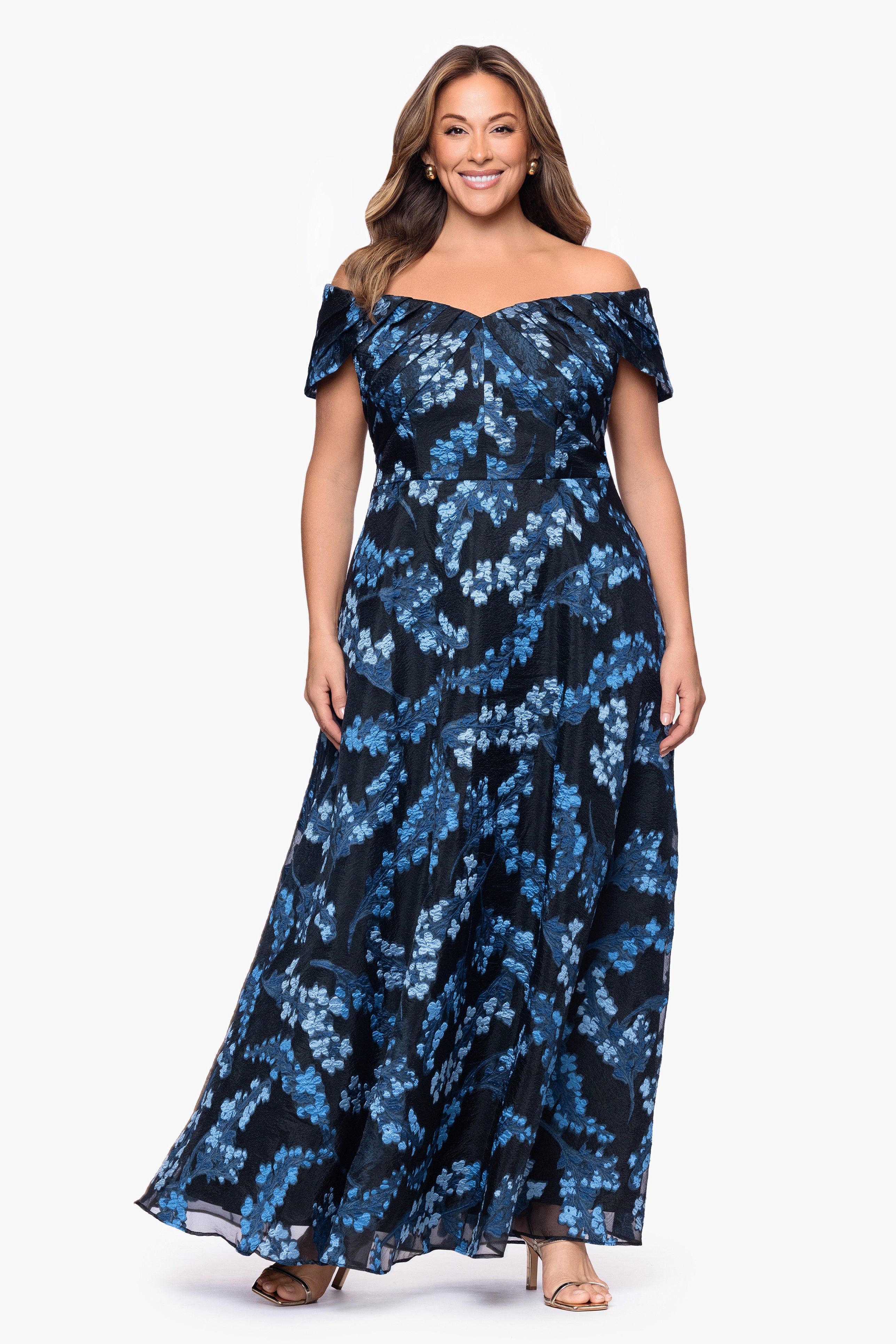 Plus "Amaira" Organza Brocade Off the Shoulder Floor Length Dress