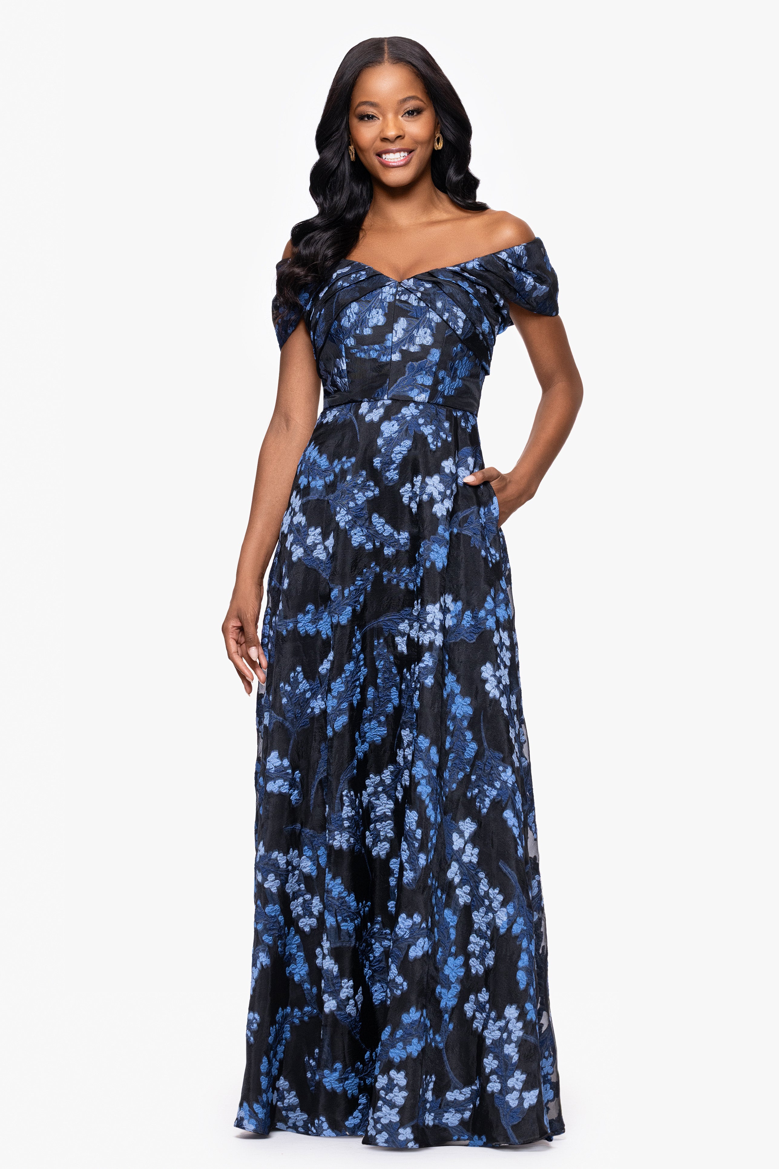 "Amaira" Organza Brocade Off the Shoulder Floor Length Dress