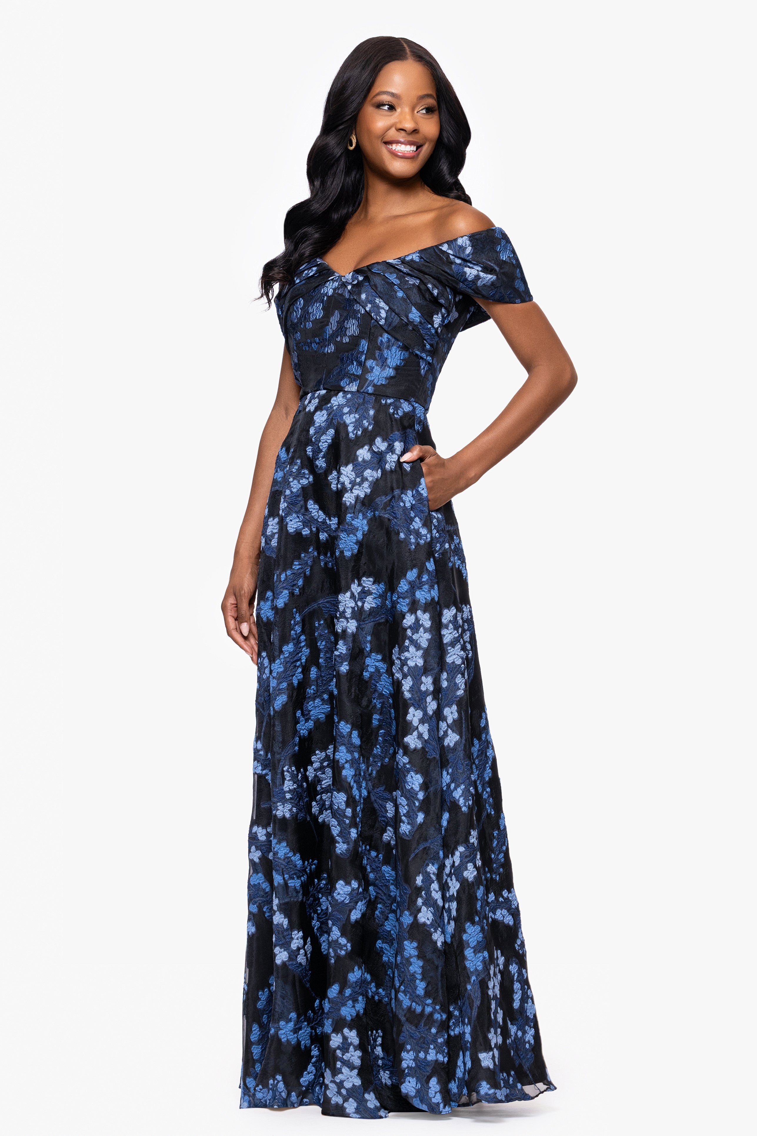 "Amaira" Organza Brocade Off the Shoulder Floor Length Dress