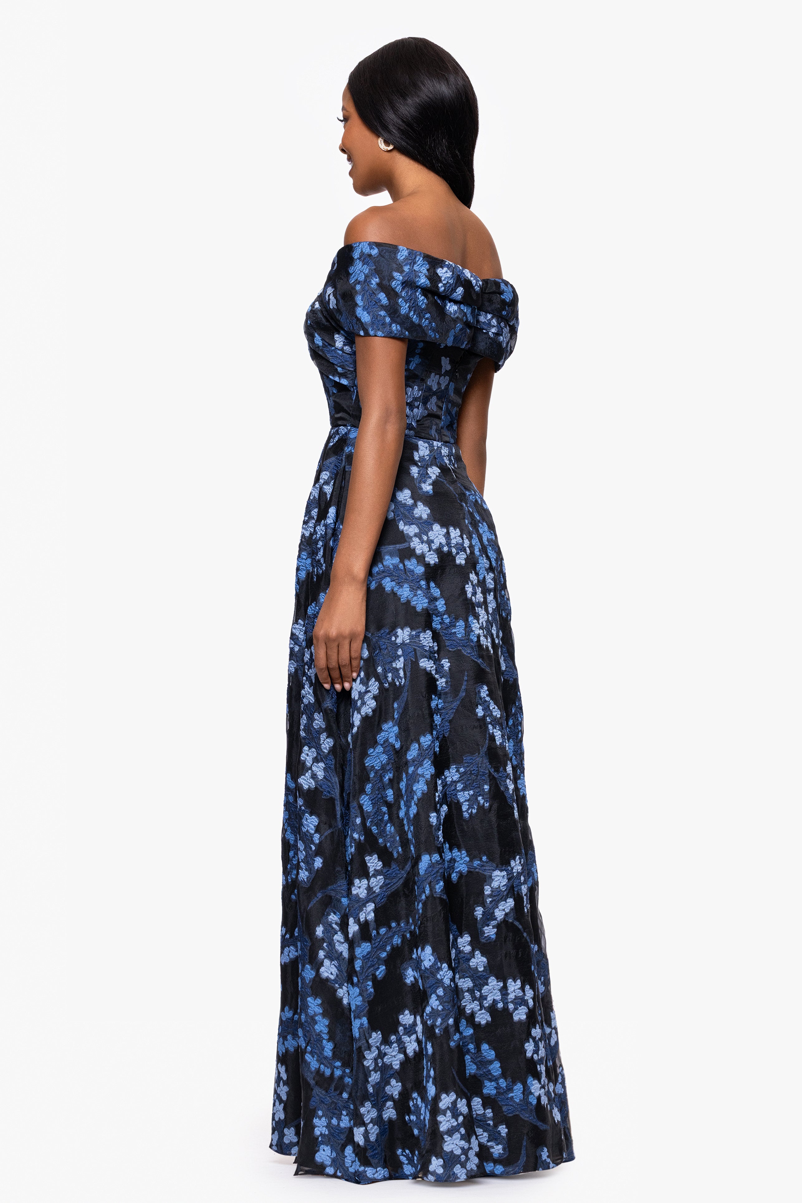 "Amaira" Organza Brocade Off the Shoulder Floor Length Dress