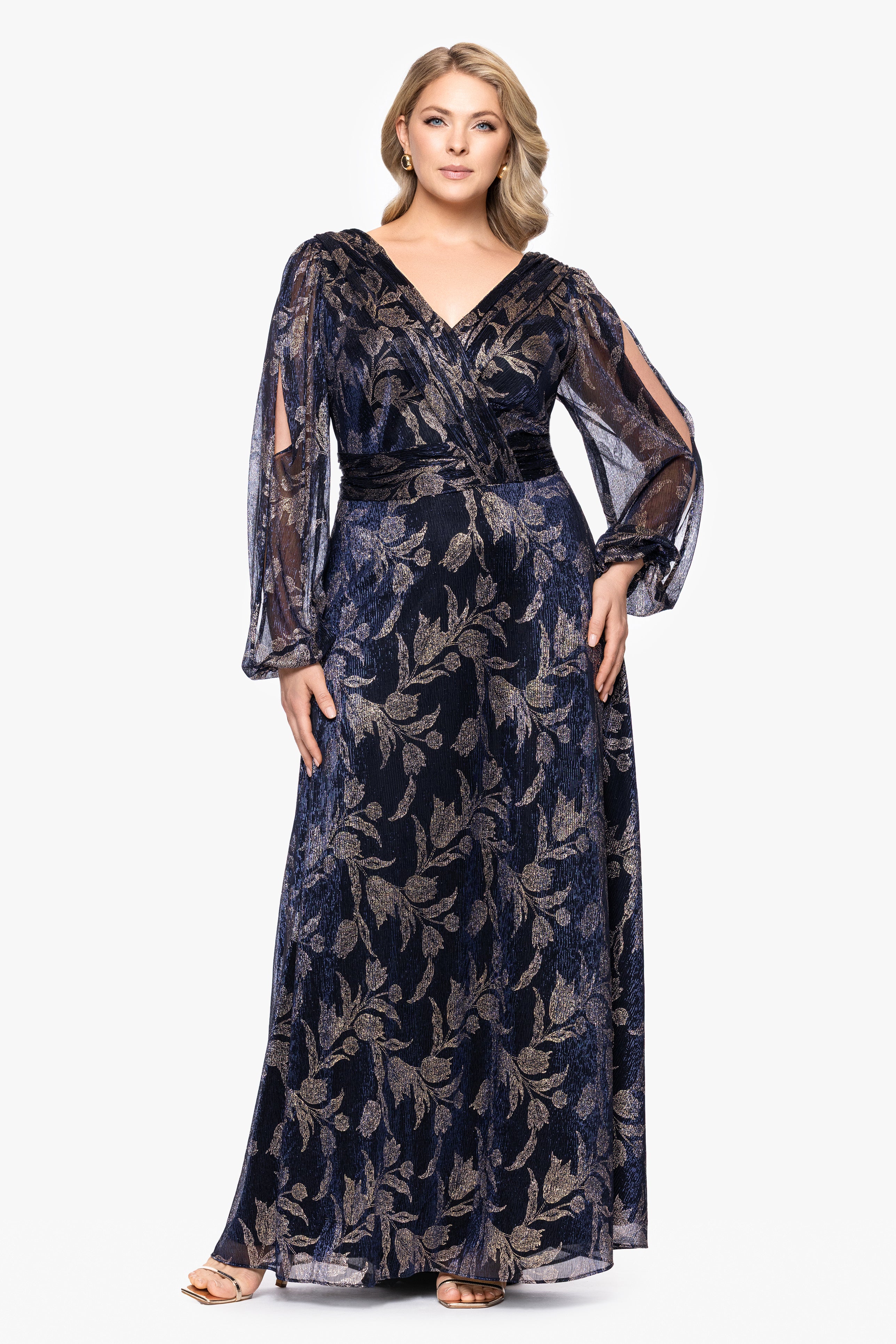 Plus "Elisabeth" Foil Print V-Neck Long Sleeve Floor Length Dress