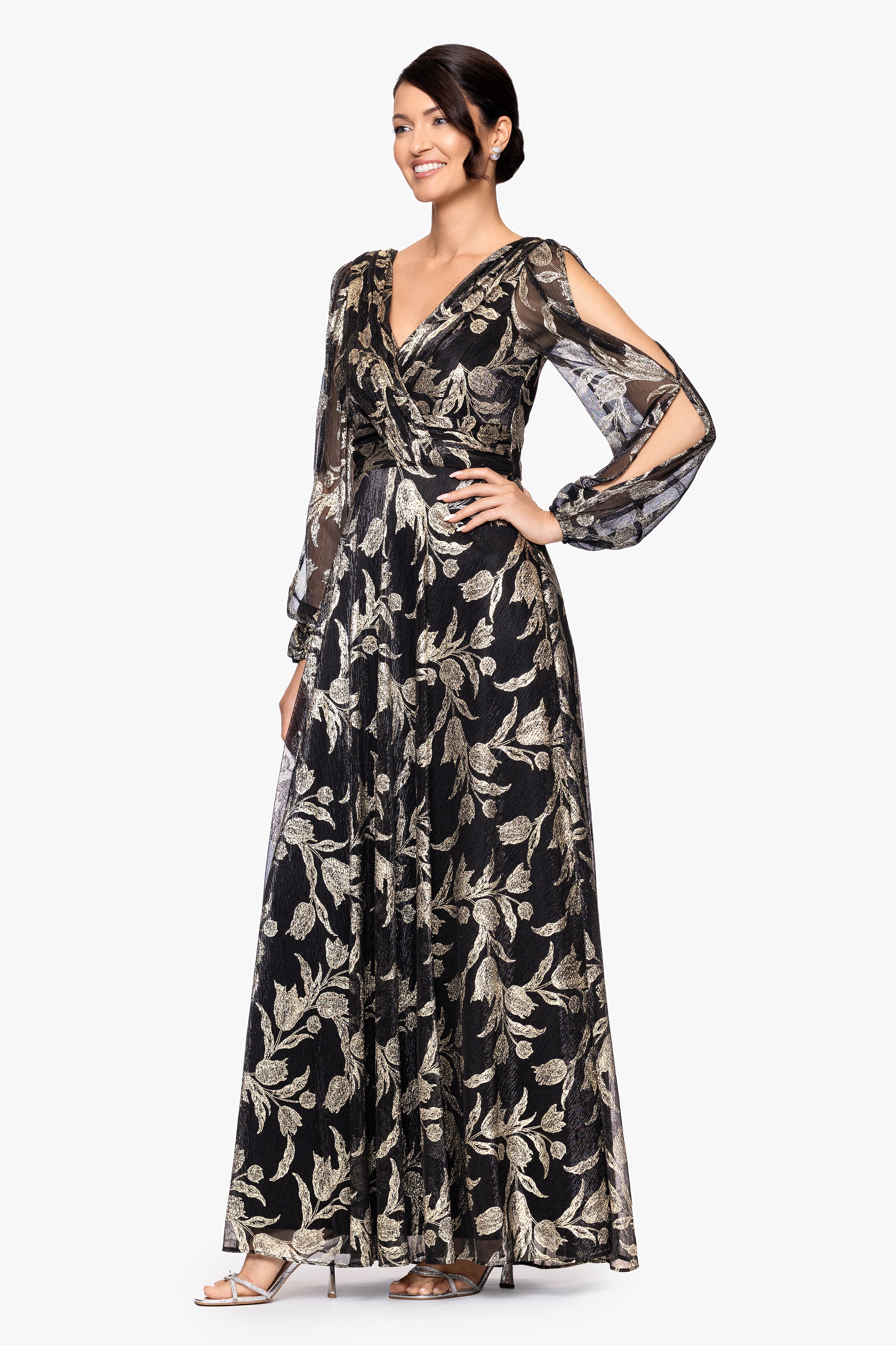 "Elisabeth" Foil Print V-Neck Long Sleeve Floor Length Dress