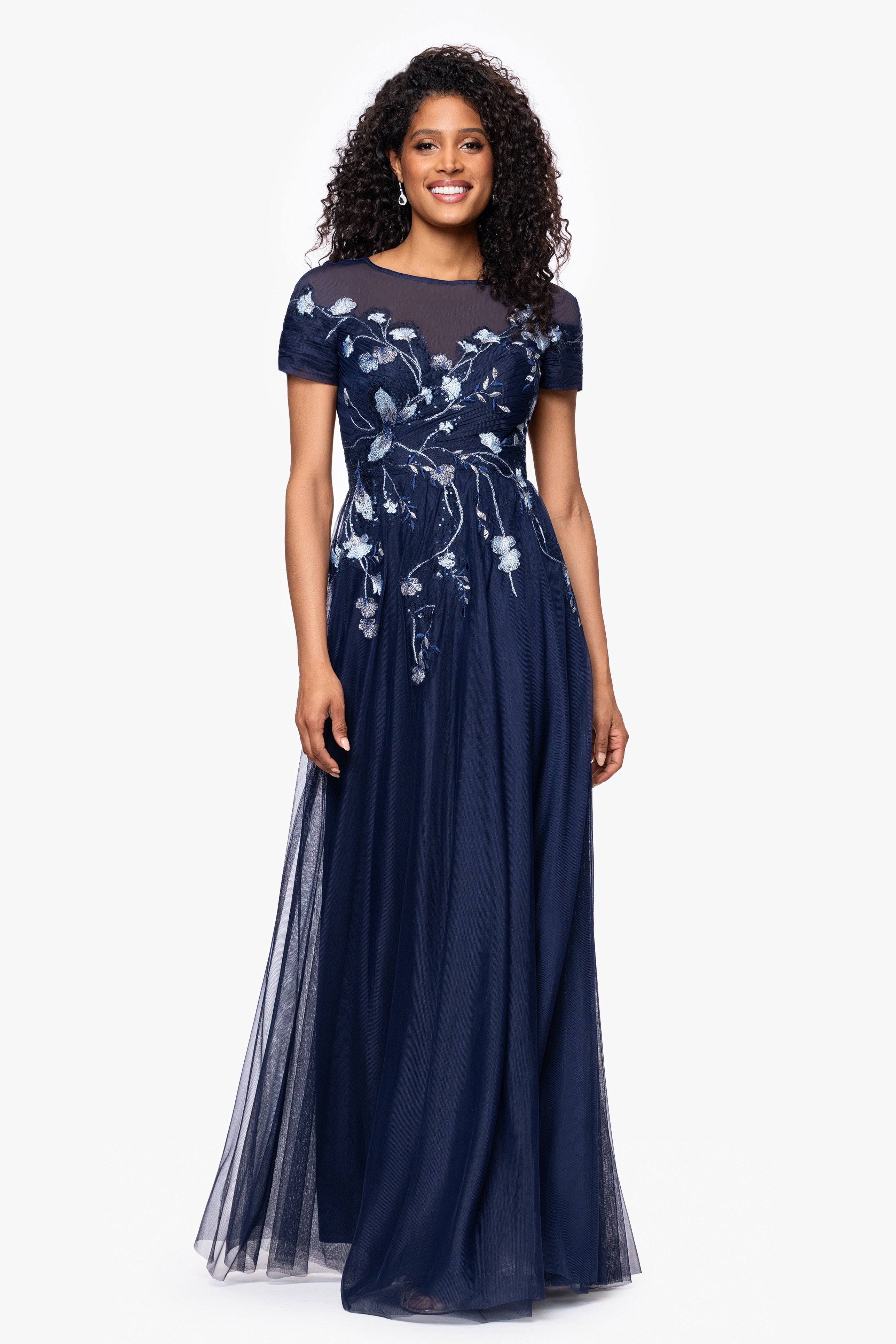 "Aubrey" Mesh Sequin Embellished Short Sleeve Floor Length Dress