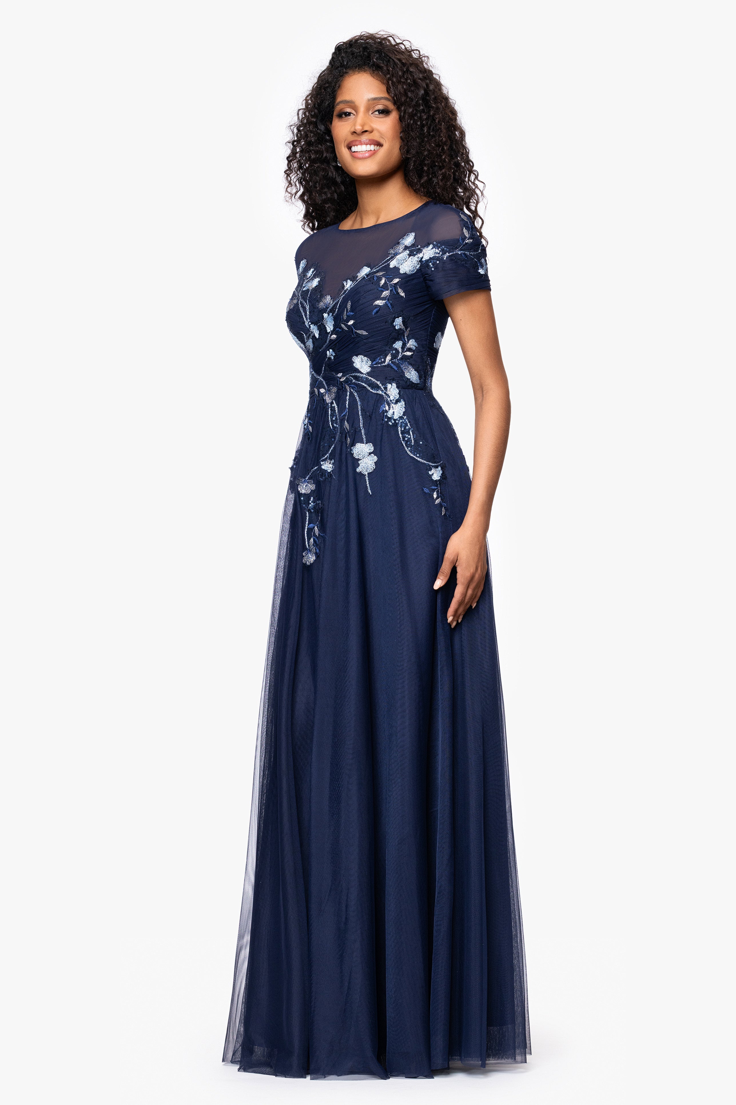 "Aubrey" Mesh Sequin Embellished Short Sleeve Floor Length Dress