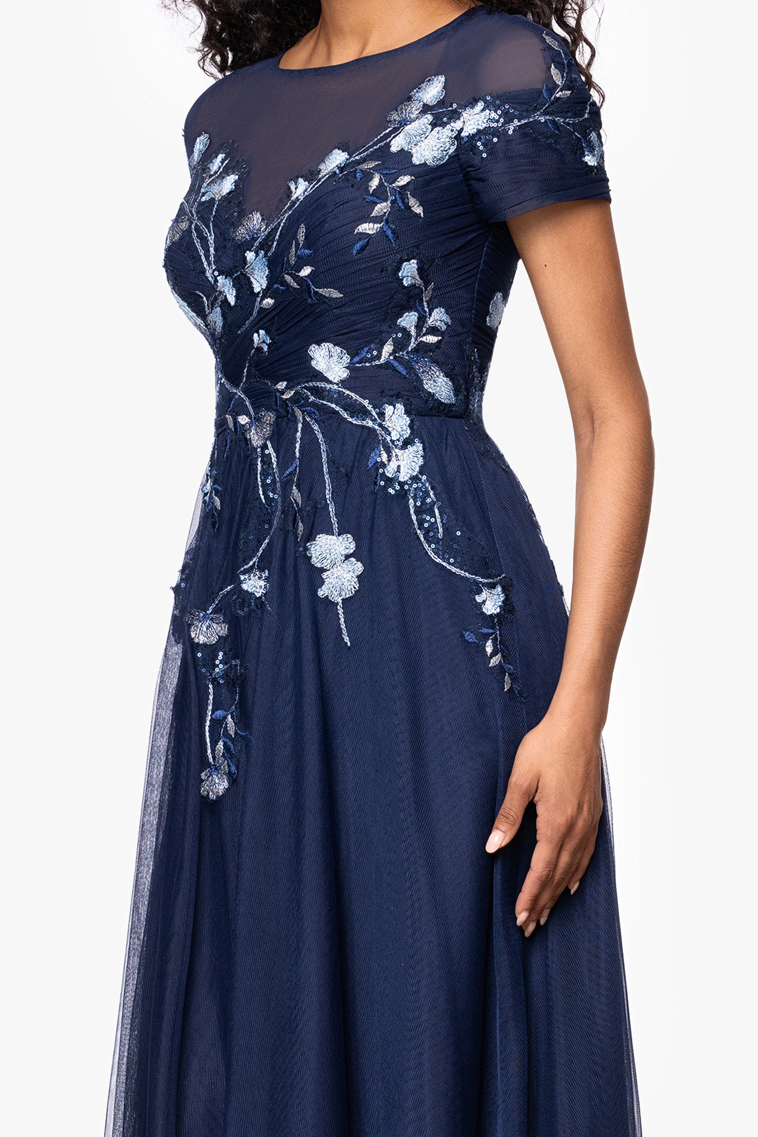 "Aubrey" Mesh Sequin Embellished Short Sleeve Floor Length Dress