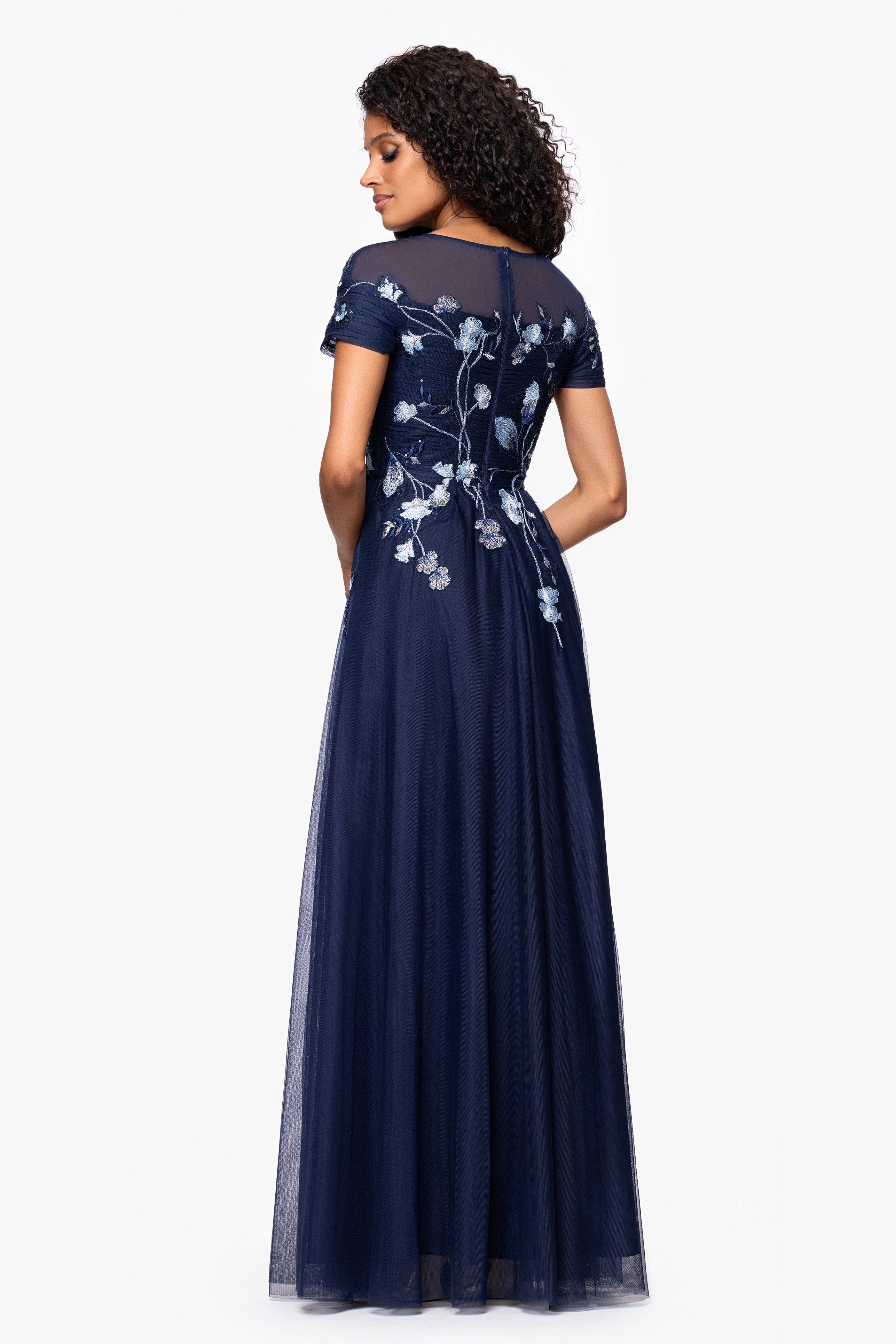 "Aubrey" Mesh Sequin Embellished Short Sleeve Floor Length Dress