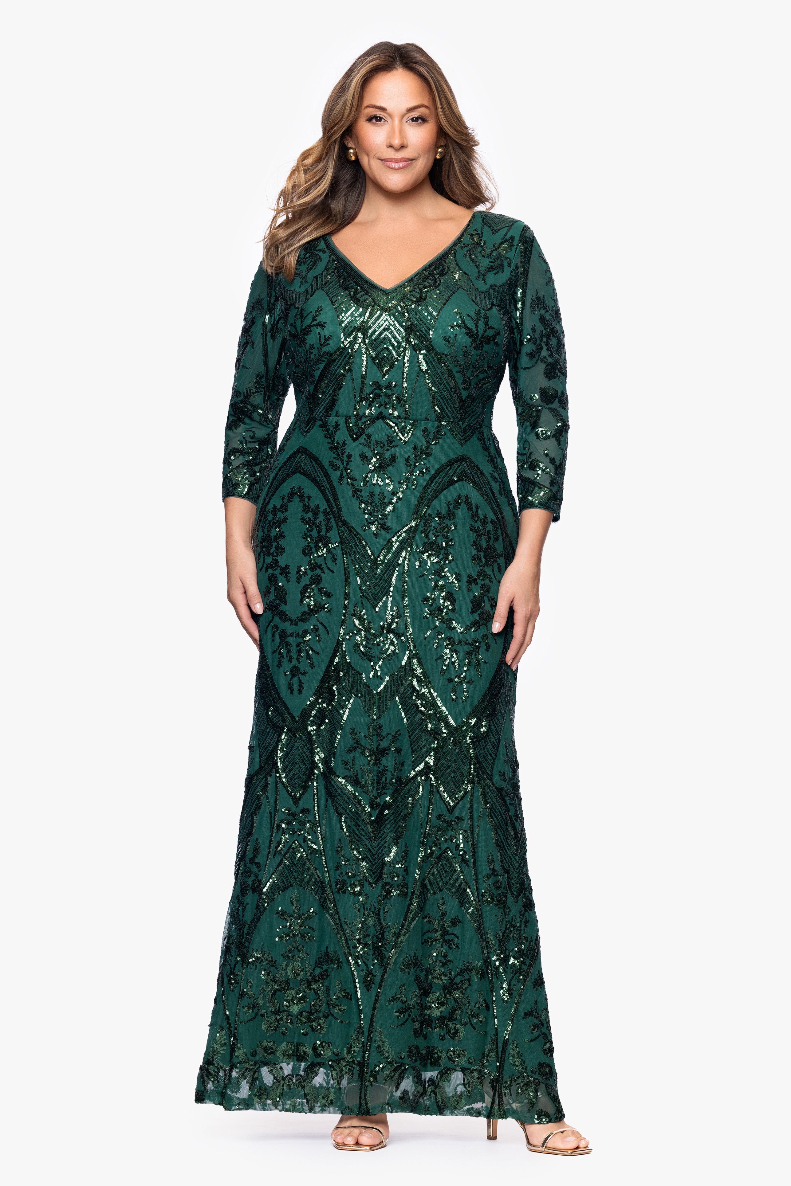 Plus "Samara" Sequin V-Neck Floor Length Dress