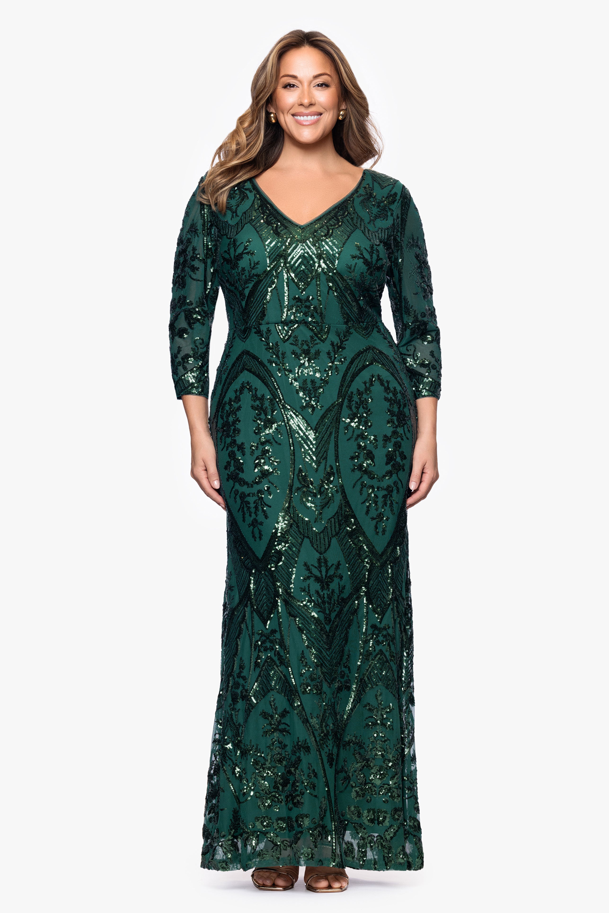 Plus "Samara" Sequin V-Neck Floor Length Dress