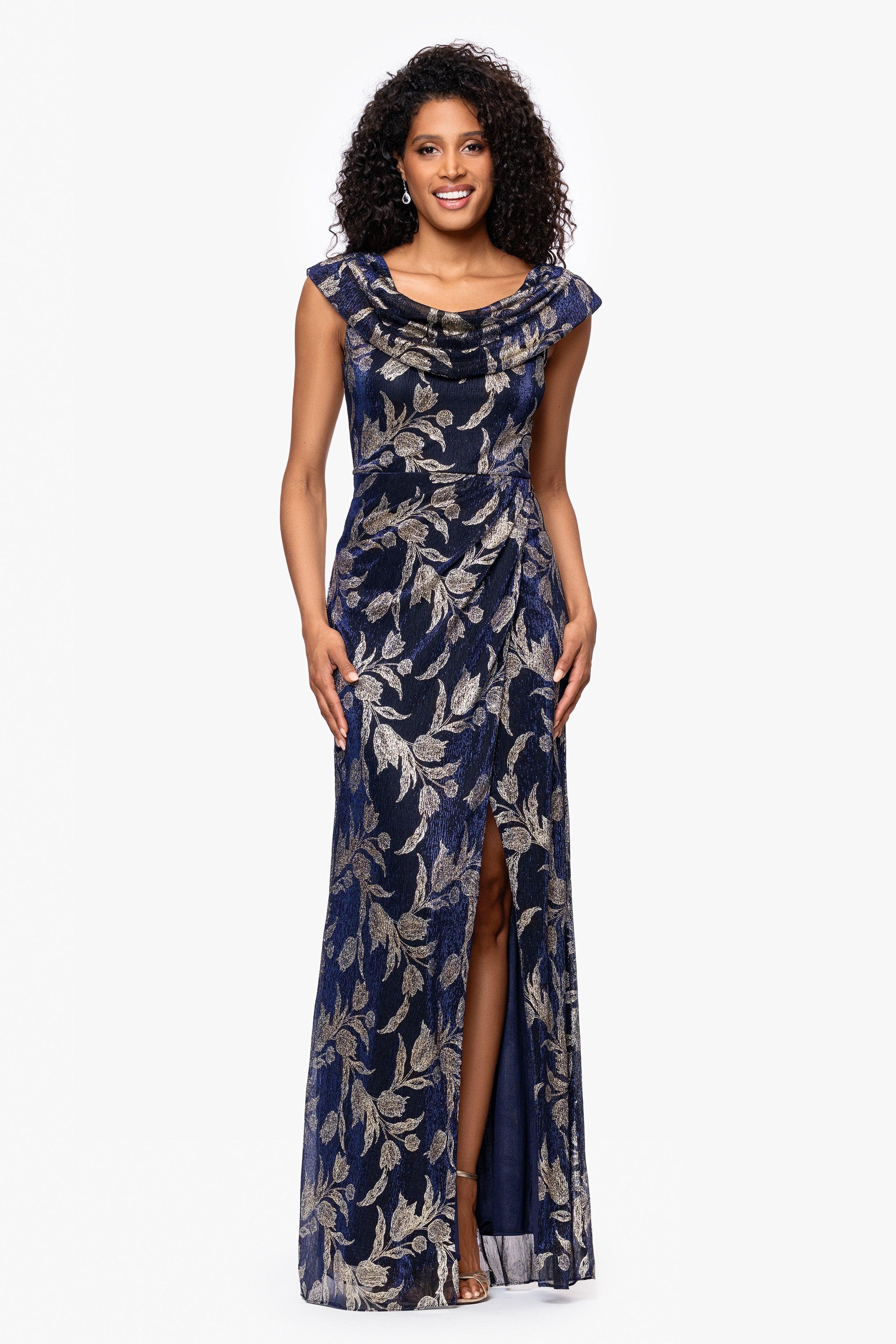 "Vanna" Foil Print Scoop Neck Floor Length Dress