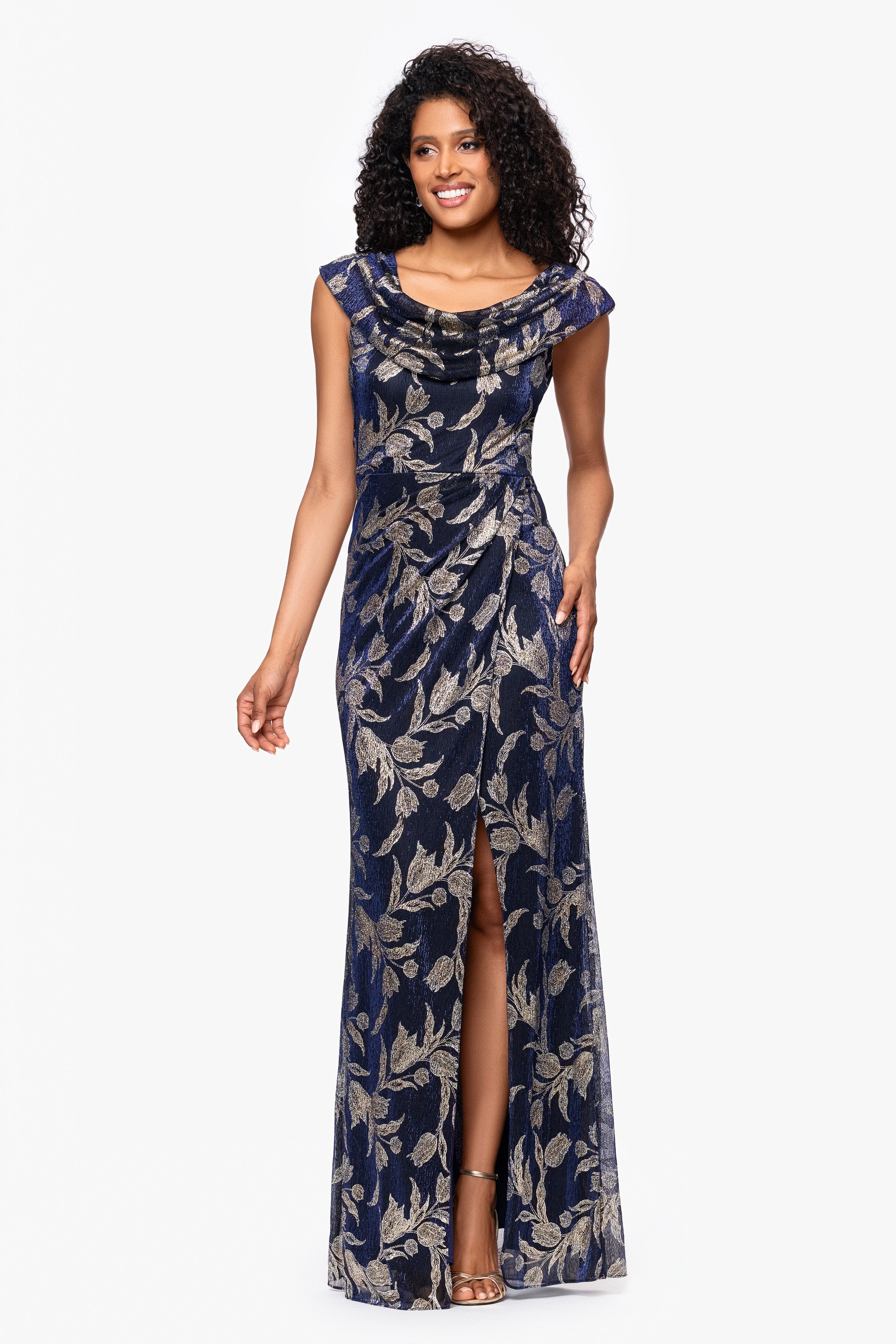 "Vanna" Foil Print Scoop Neck Floor Length Dress