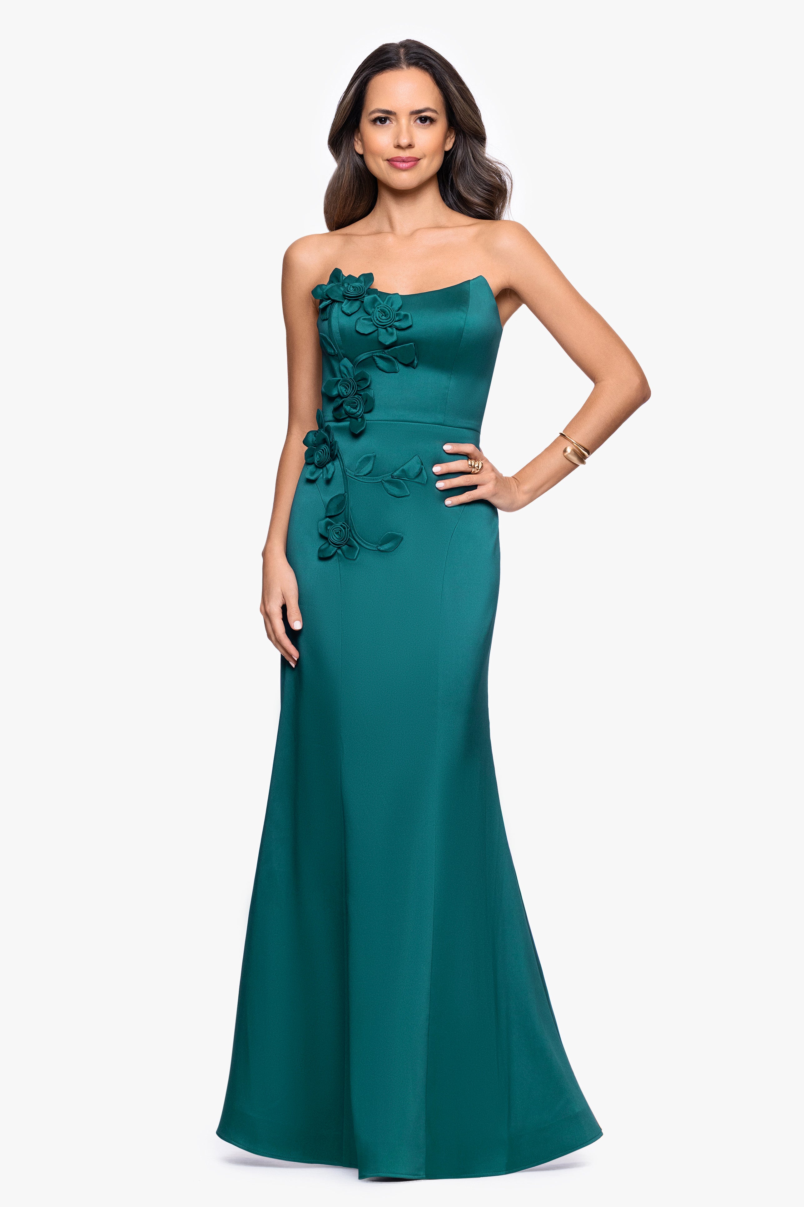 "Nadia" Mikado Strapless Flower Embellished Floor Length Dress