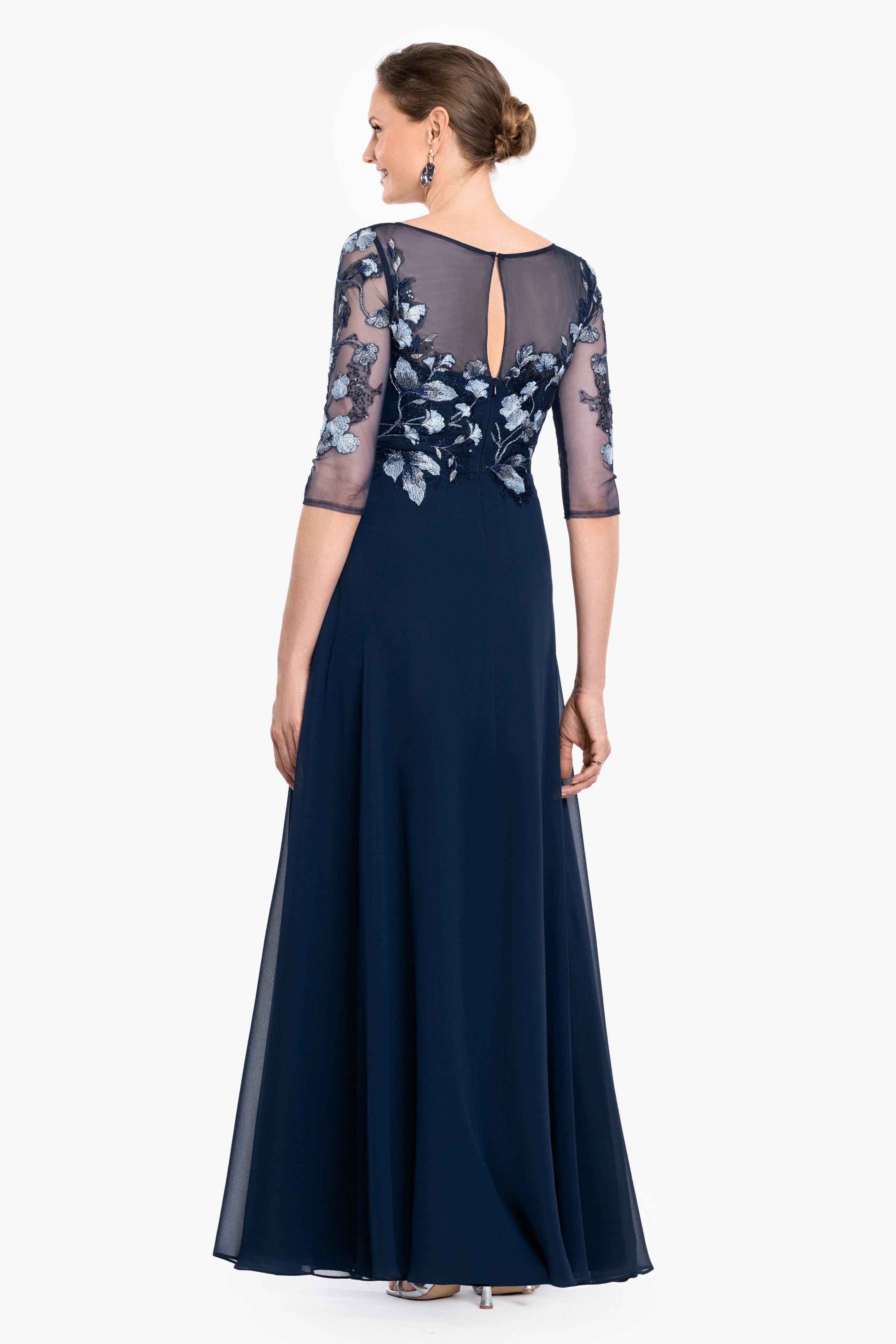 Petite "Isabella" Embroidered Chiffon Long Sleeve Long Dress