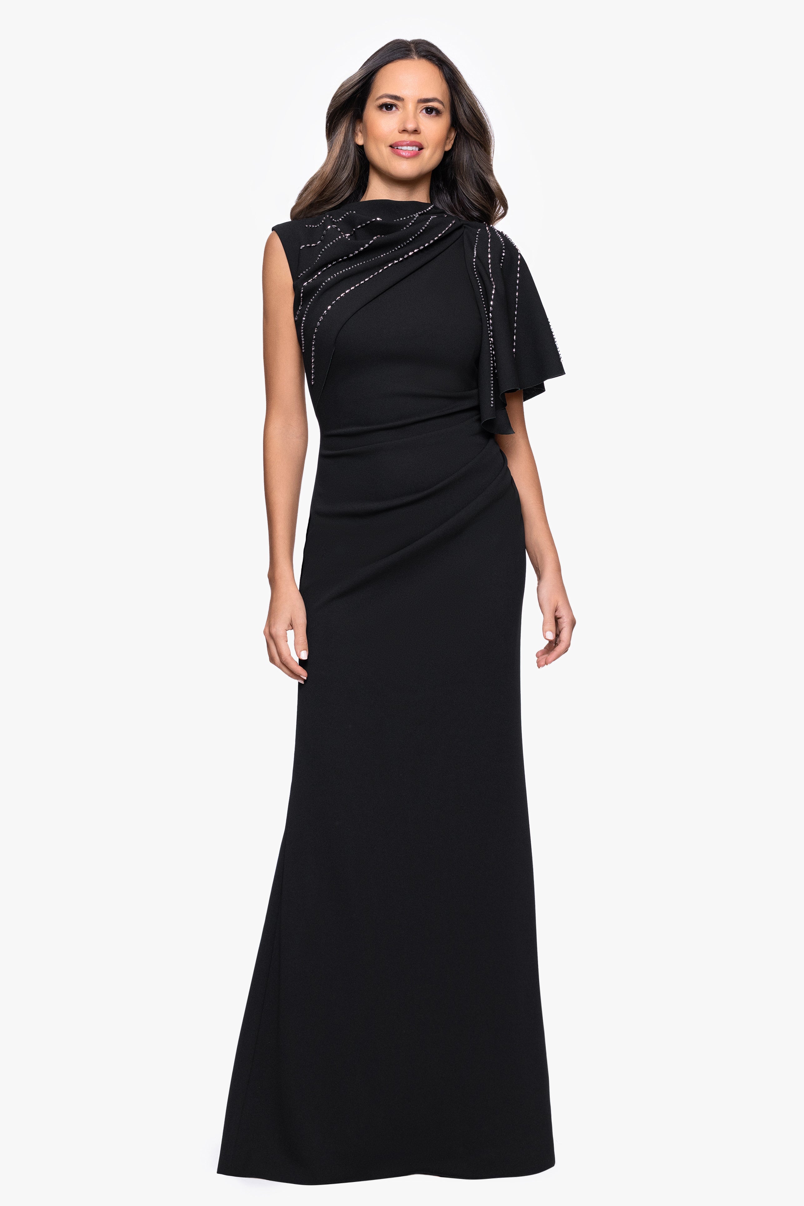 "Persephone" Scuba Crepe Embellished Sashed Floor Length Dress
