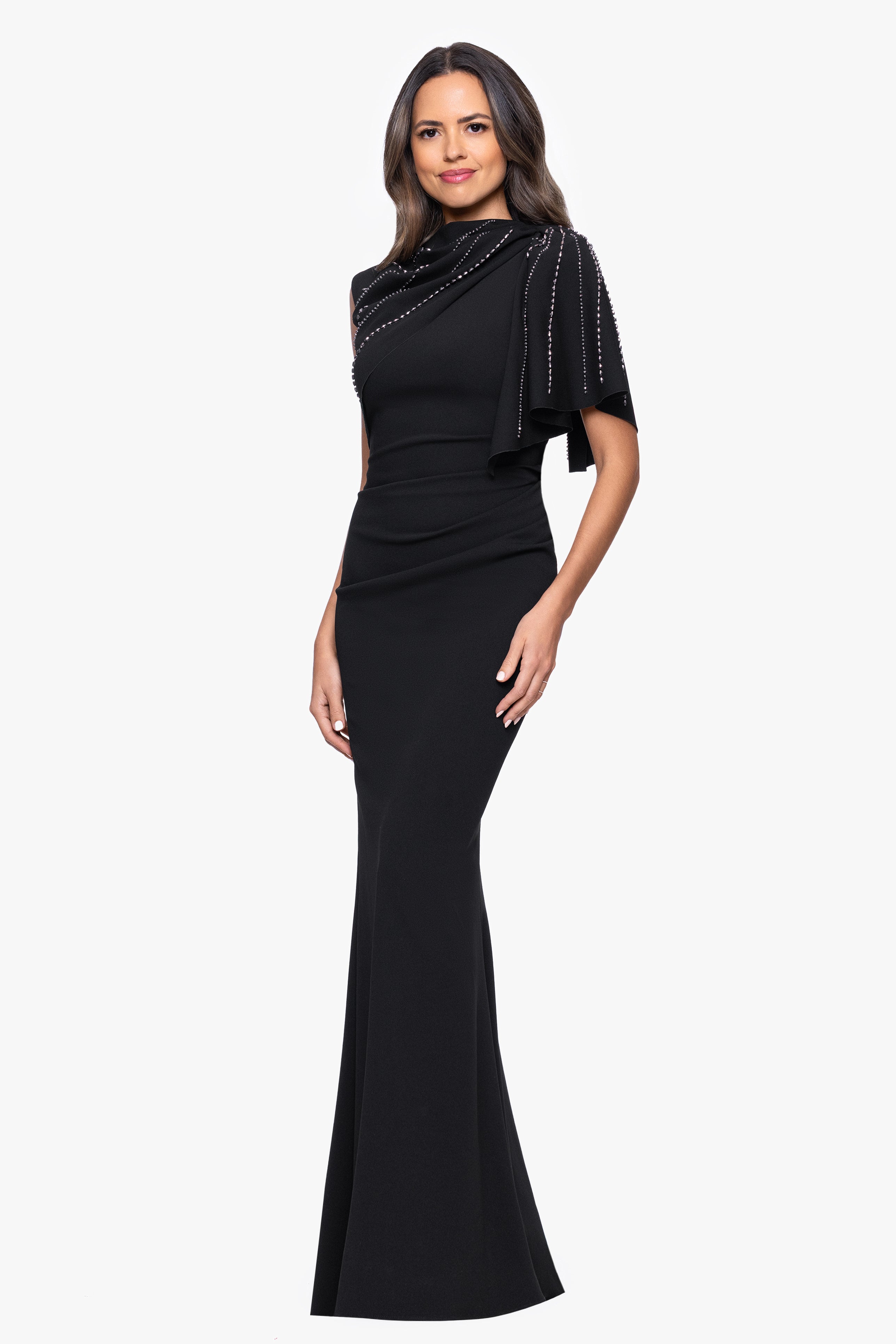 "Persephone" Scuba Crepe Embellished Sashed Floor Length Dress