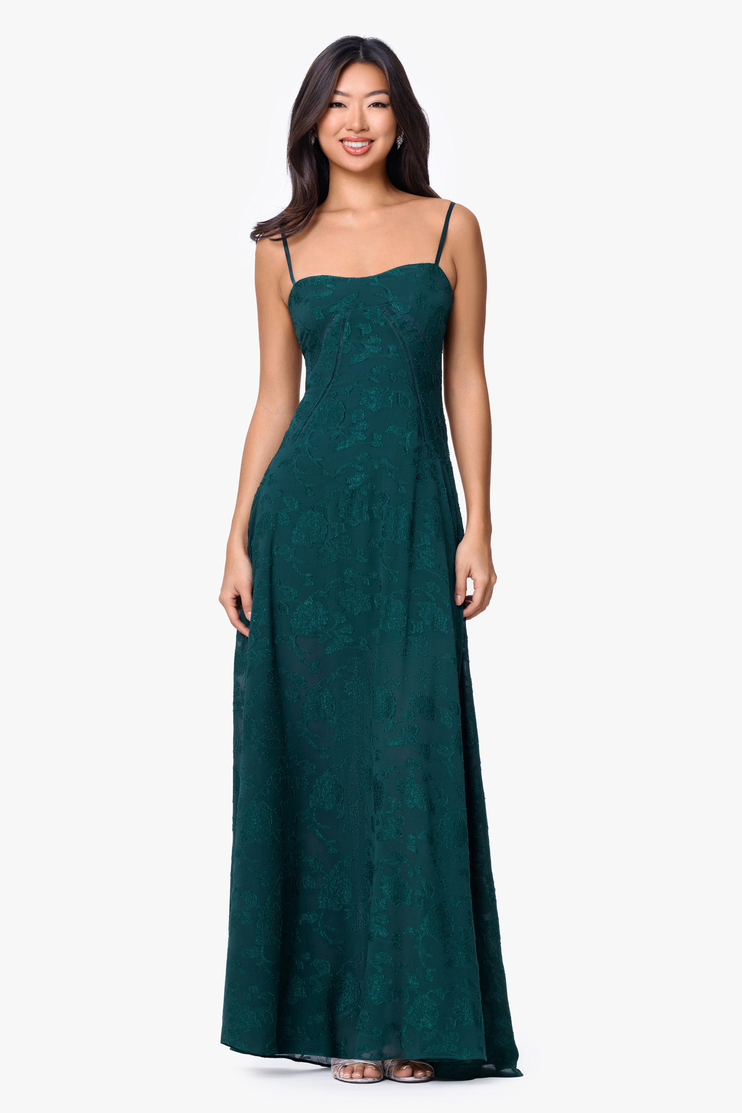 "Drew" Jacquard and Chiffon Spaghetti Tie Floor Length Dress