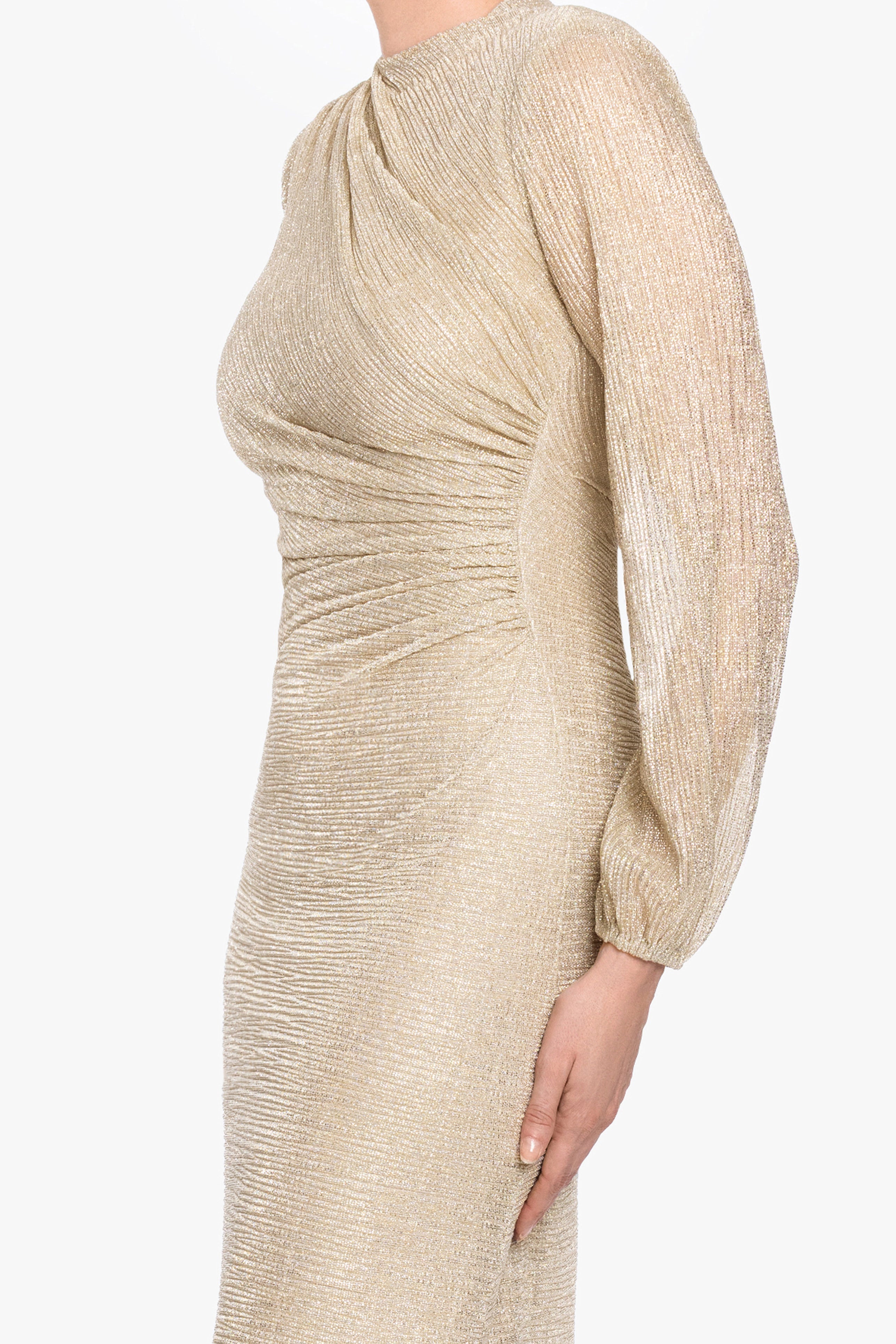 Petite "Jayline" Crinkle Metallic Long Sleeve Floor Length Dress