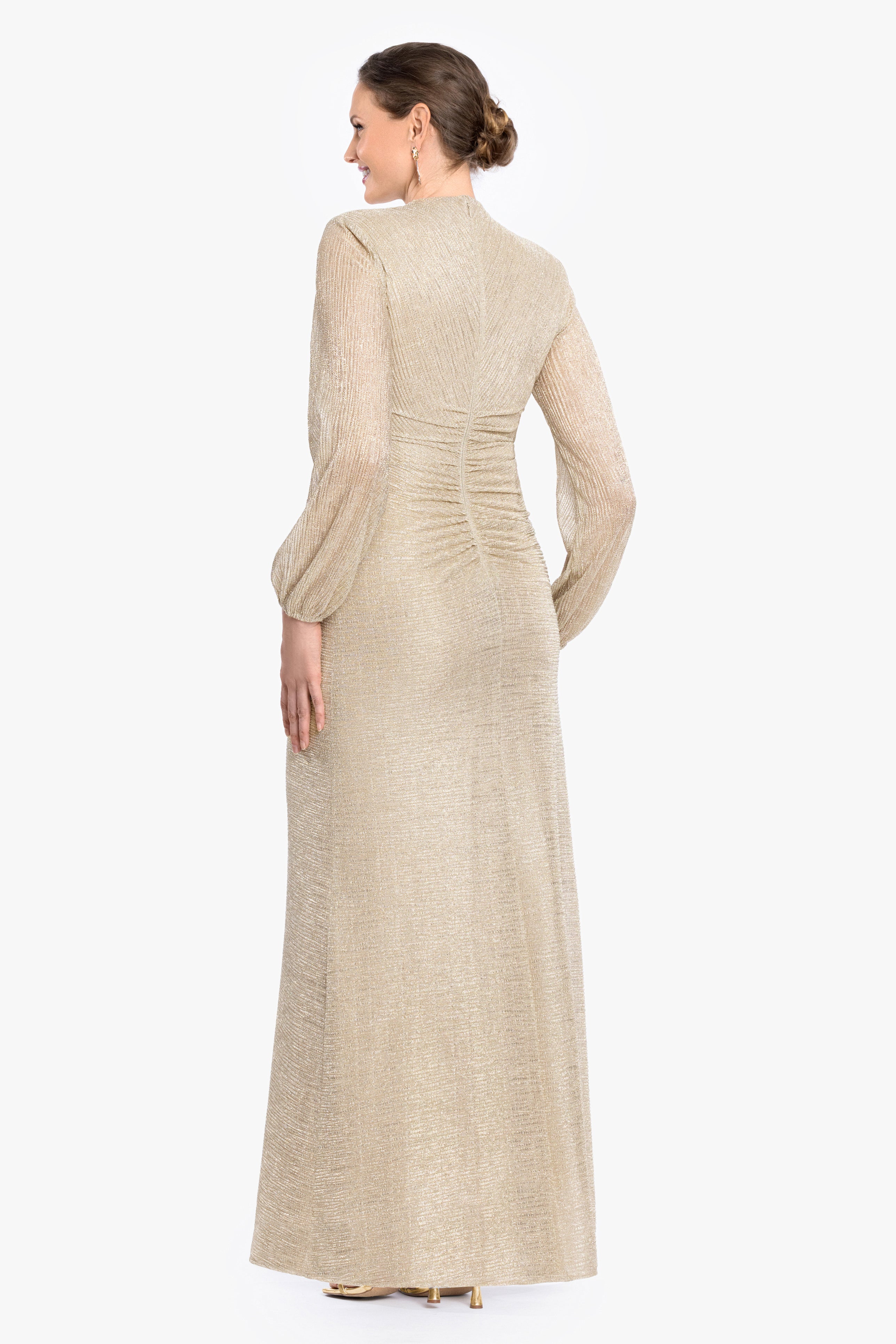 Petite "Jayline" Crinkle Metallic Long Sleeve Floor Length Dress