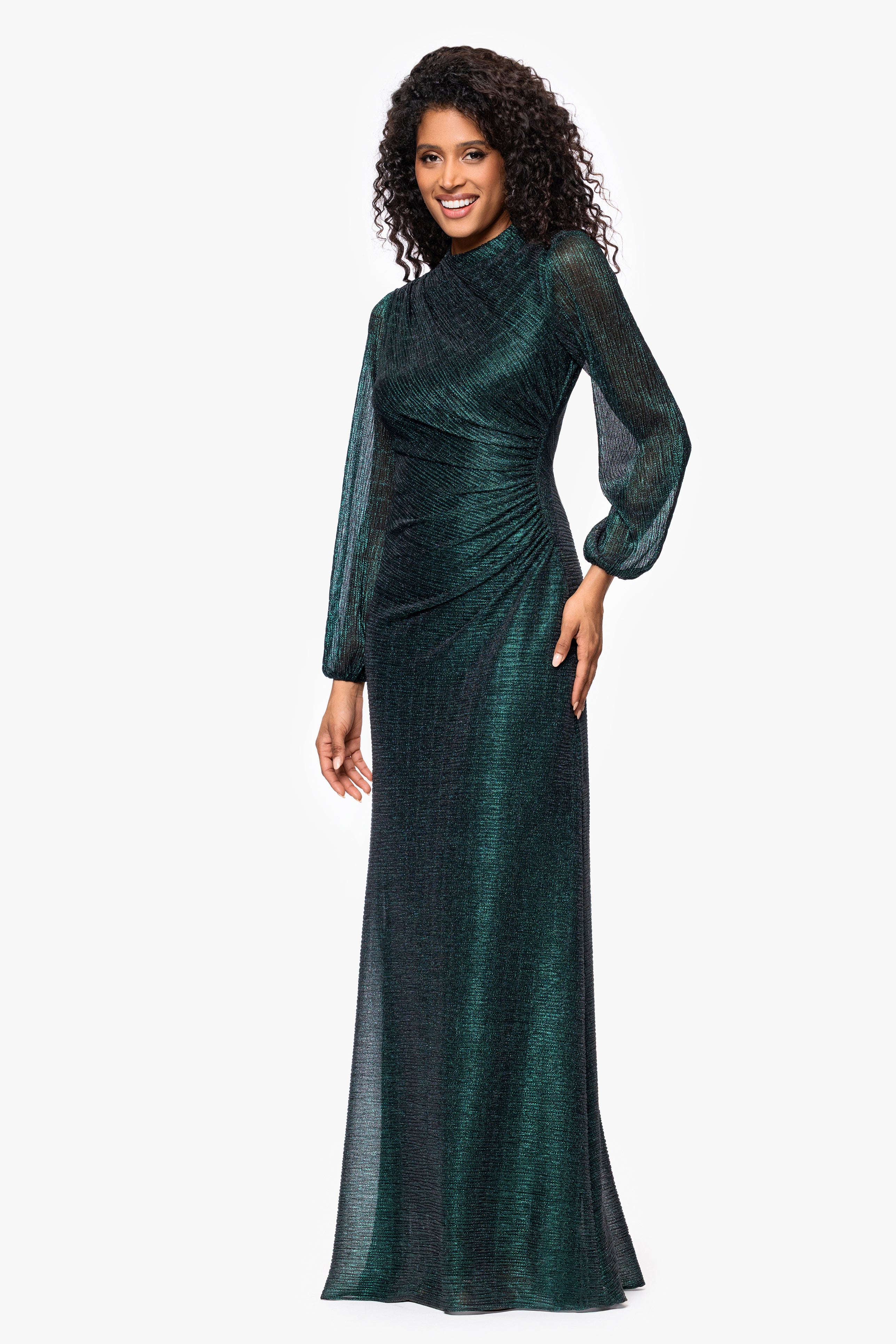 Petite "Jayline" Crinkle Metallic Long Sleeve Floor Length Dress